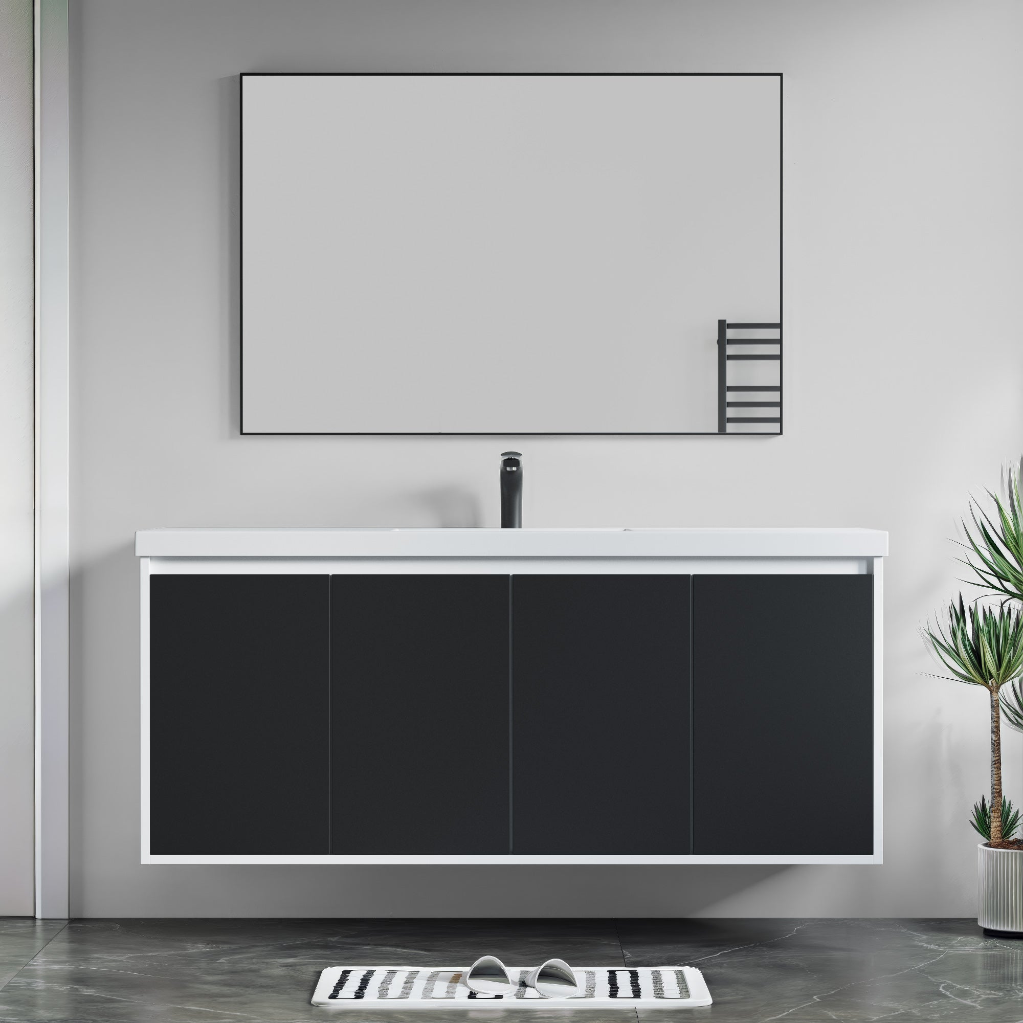 Dowell 60" Wall-Mounted or Freestanding Bathroom Vanity Set ¡°(White Assembled Vanity Base with 4 Soft-Close Doors & White Resin Single Basin Sink - 057 60 Series