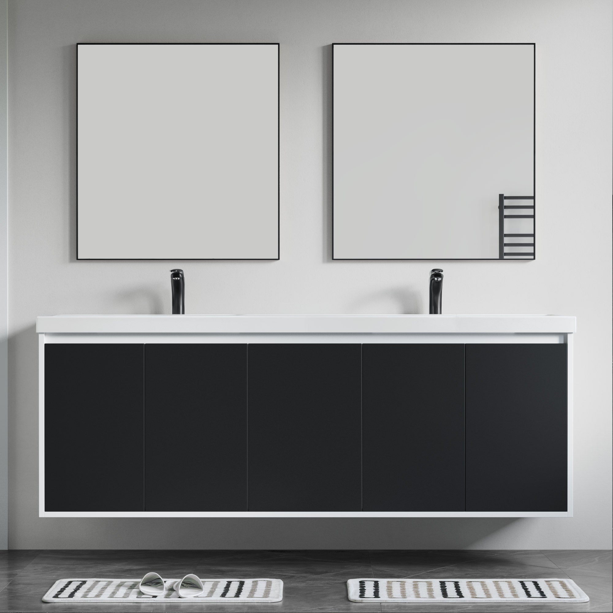 Dowell 72" Wall-Mounted or Freestanding Bathroom Vanity Set ¡°(White Assembled Vanity Base with 5 Soft-Close & White Resin Double Basin Sink- 057 72 Series