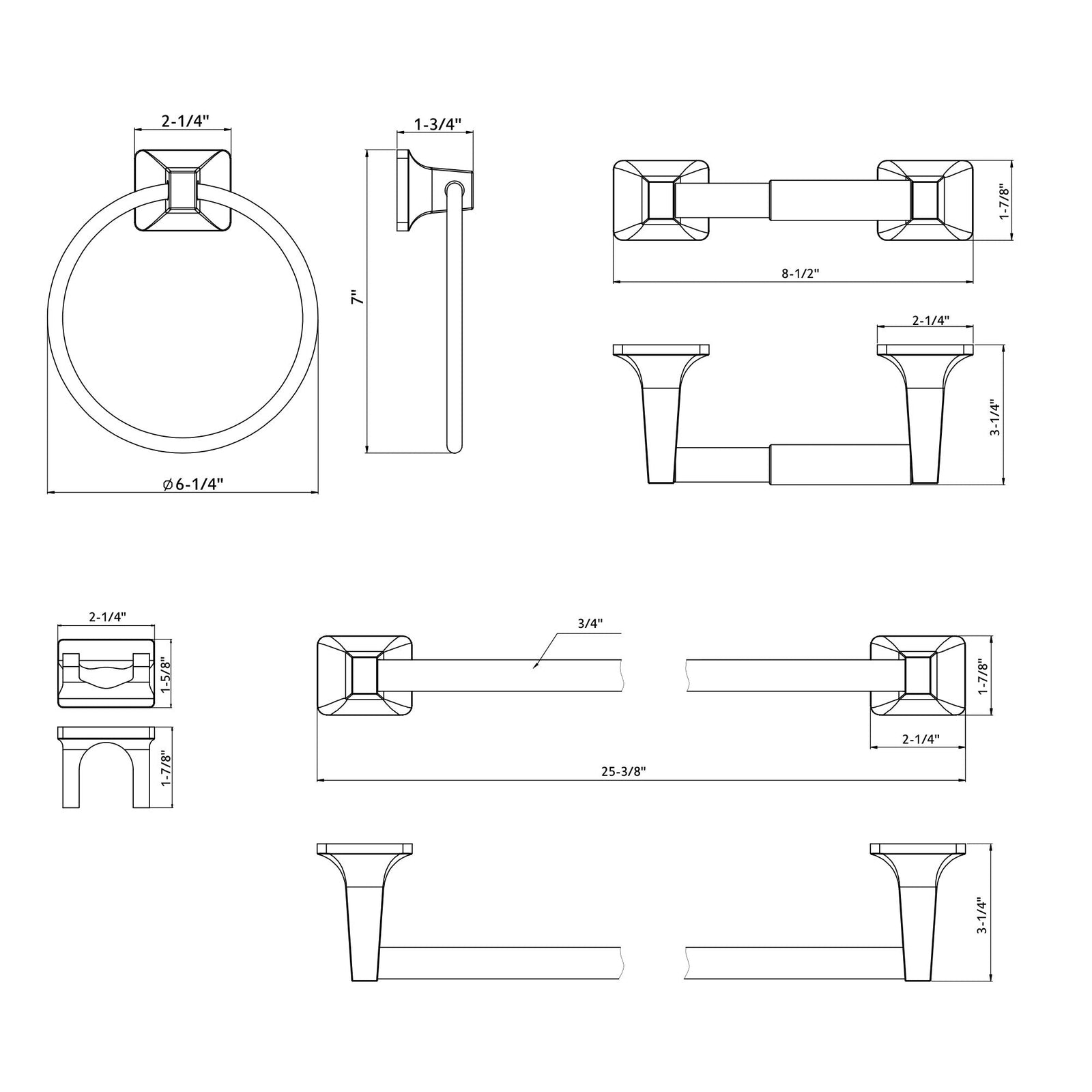 Dowell 4-Piece Bathroom Accessory Set - Squared Design - Bath Towel Bar, Hand Towel Ring, Toilet Paper Holder, Towel/Robe Hook - 1005 41 Series