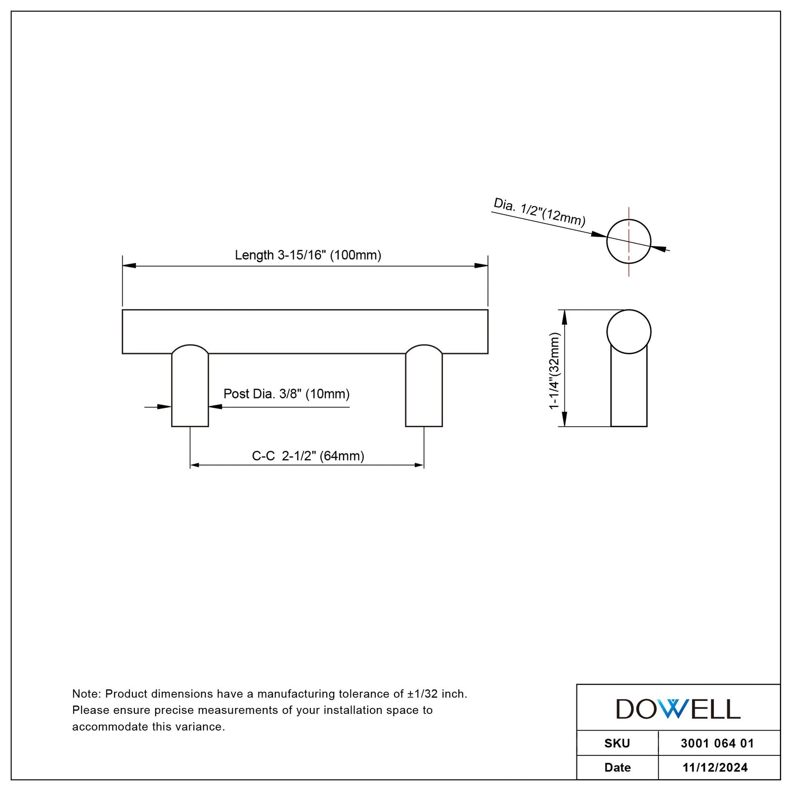 Dowell Cabinet Handle, Stainless Steel/Aluminum Construction Bar Plulls 3001 Series