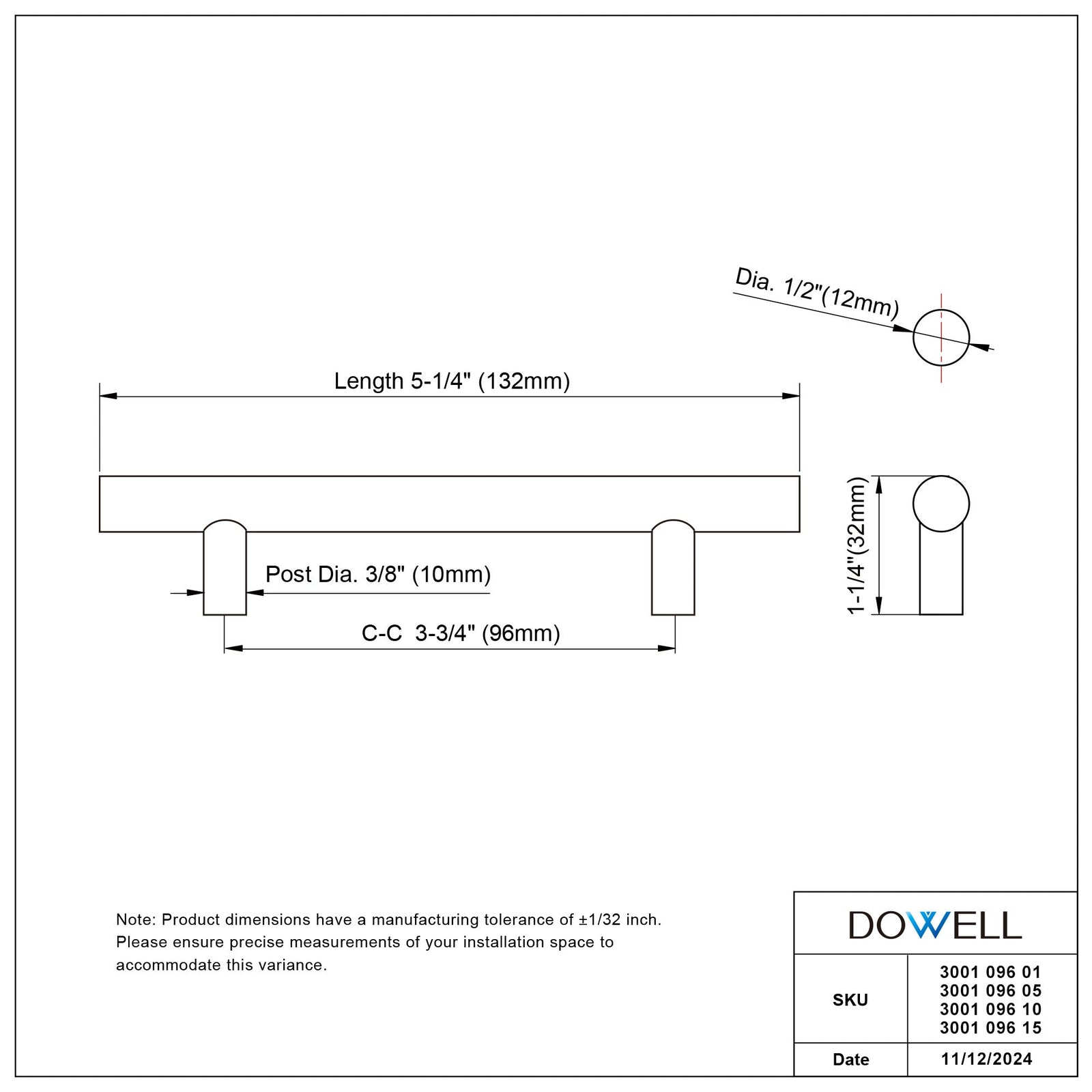 Dowell Cabinet Handle, Stainless Steel/Aluminum Construction Bar Plulls 3001 Series