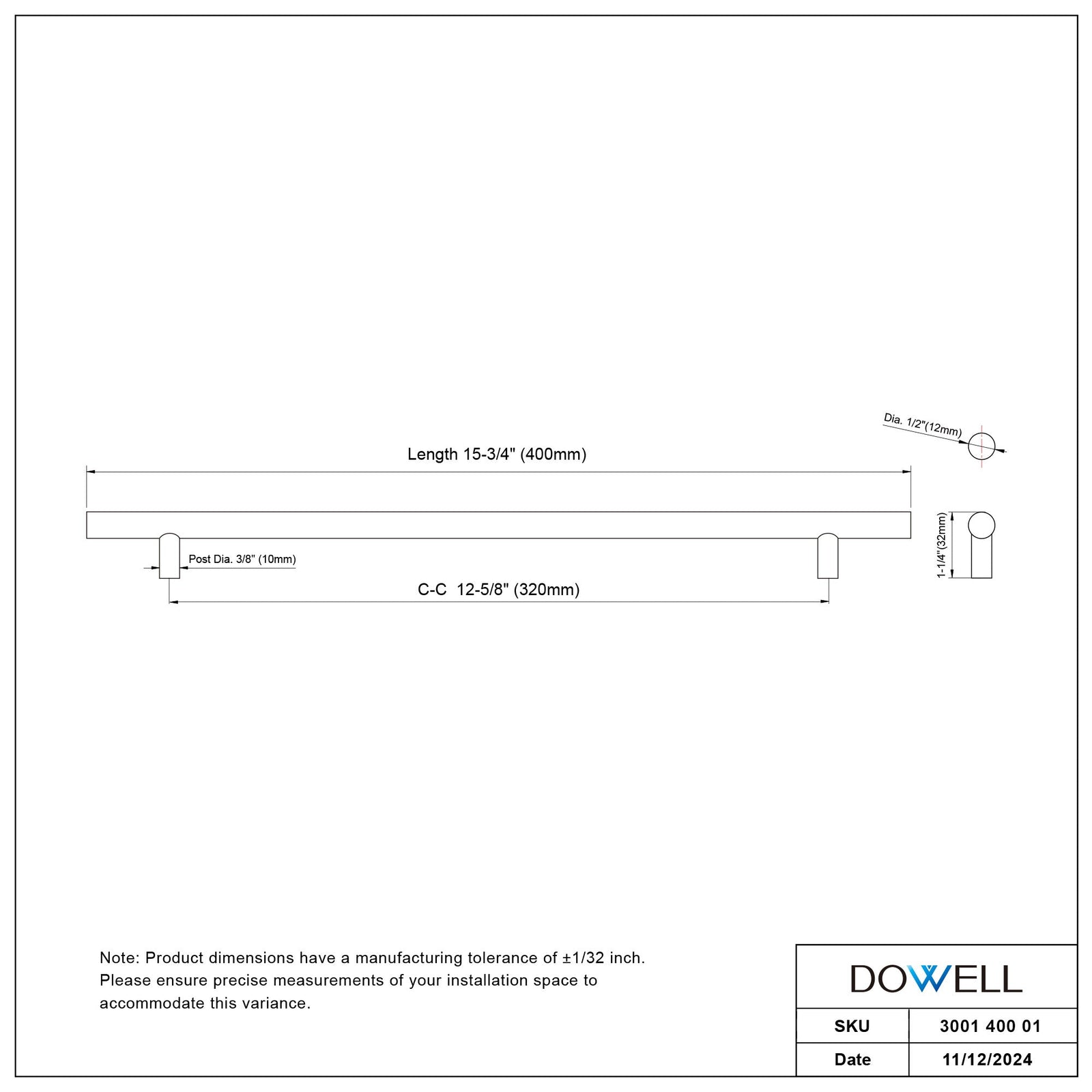 Dowell Cabinet Handle, Stainless Steel/Aluminum Construction Bar Plulls 3001 Series