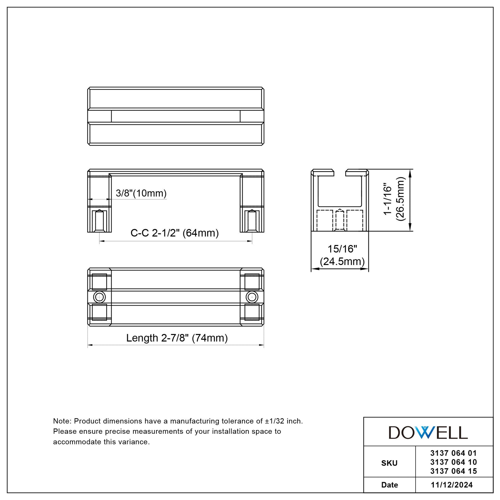 Dowell Cabinet Handle, Drawer/Door Bar Pulls/Handles- 3137 Series