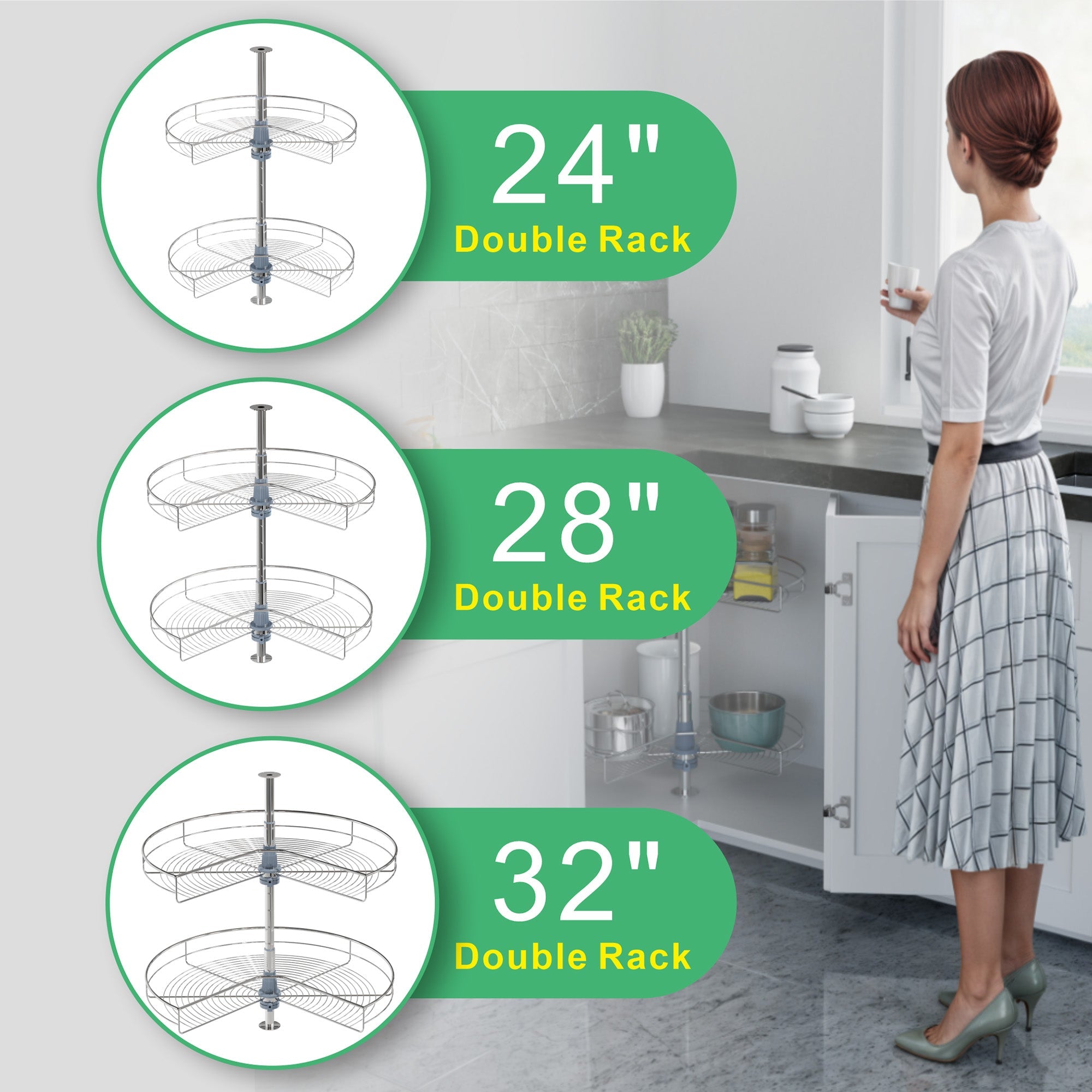 Dowell Lazy Susan - 24"/28"/32" 270 Degree/Kidney-Shaped, 2 Shelves, Kitchen Base Corner Cabinet Organizer, Chrome - 4001 270 Series