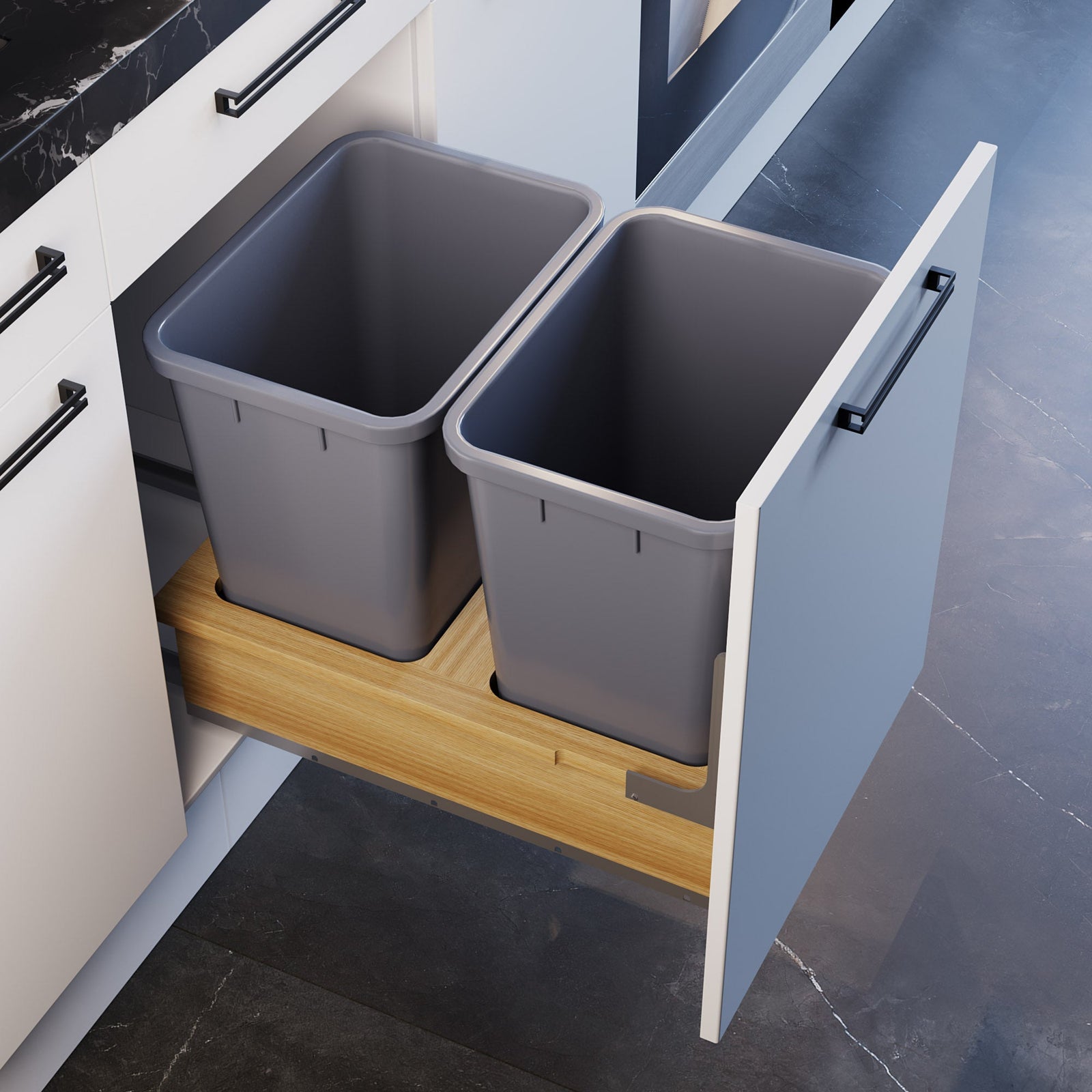 Dowell Base Cabinet Wastebasket Wooden Pullout with One or Two 20 Quart/5 Gallon Grey Plastic Bins - 4006 Series