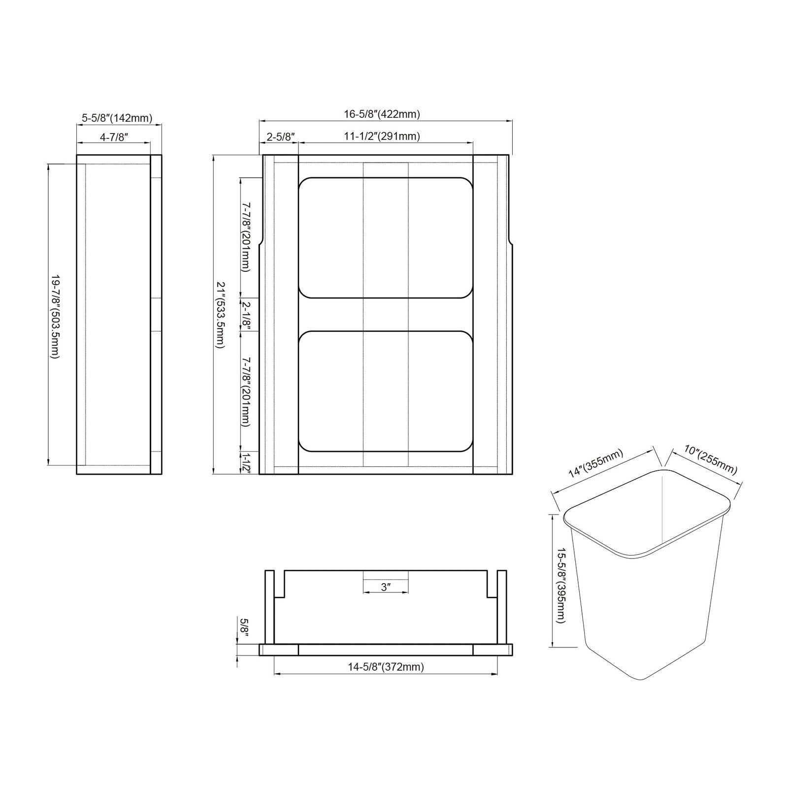 Dowell Base Cabinet Wastebasket Wooden Pullout with One or Two 20 Quart/5 Gallon Grey Plastic Bins - 4006 Series