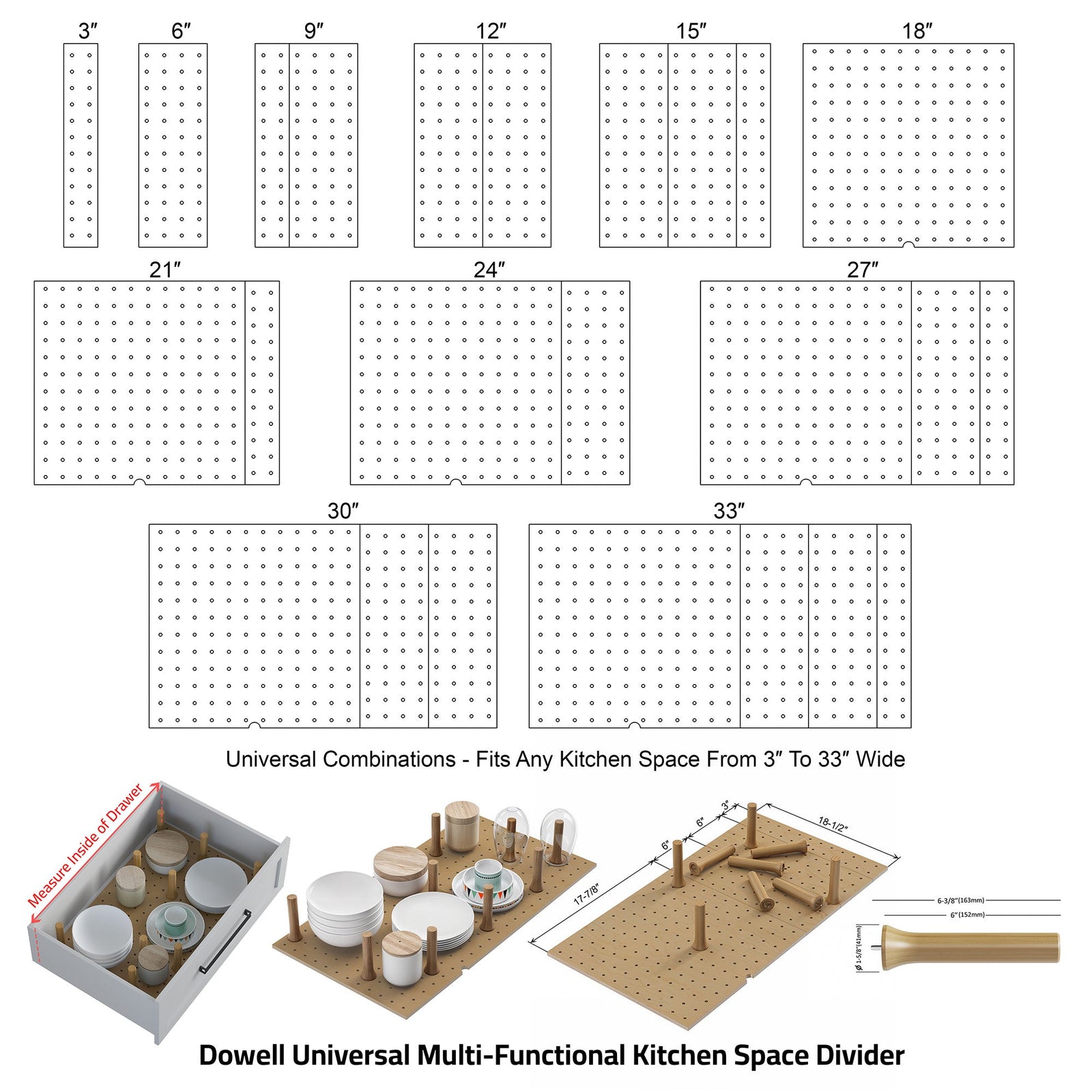 Dowell 4-Piece Wood Pegboard Drawer Organizer Set with 9 Wooden Pegs ¡°(Universal Adjustable System Creates Multiple Drawer Size Combinations (3