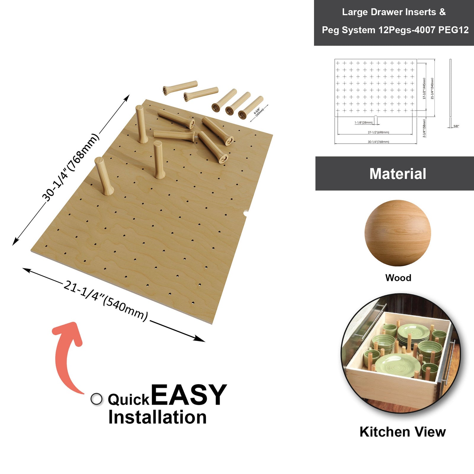 Dowell Kitchen Wood Pegboard Drawer Organizer ¡°(Pot, Pan & Plate Storage System, 24