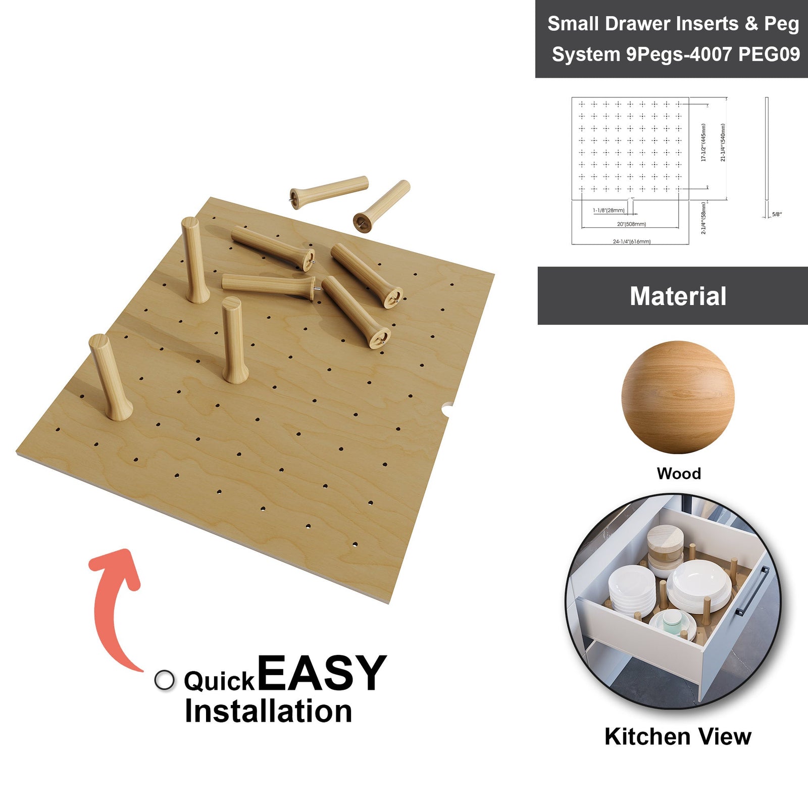 Dowell Kitchen Wood Pegboard Drawer Organizer ¡°(Pot, Pan & Plate Storage System, 24