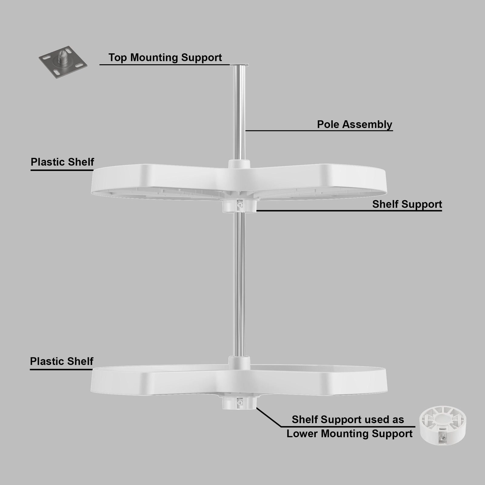 Dowell 2-Tier Lazy Susan - Kidney Shape for Corner Base Cabinets, Plastic Shelves, Swivel, White - 4011 270 Series