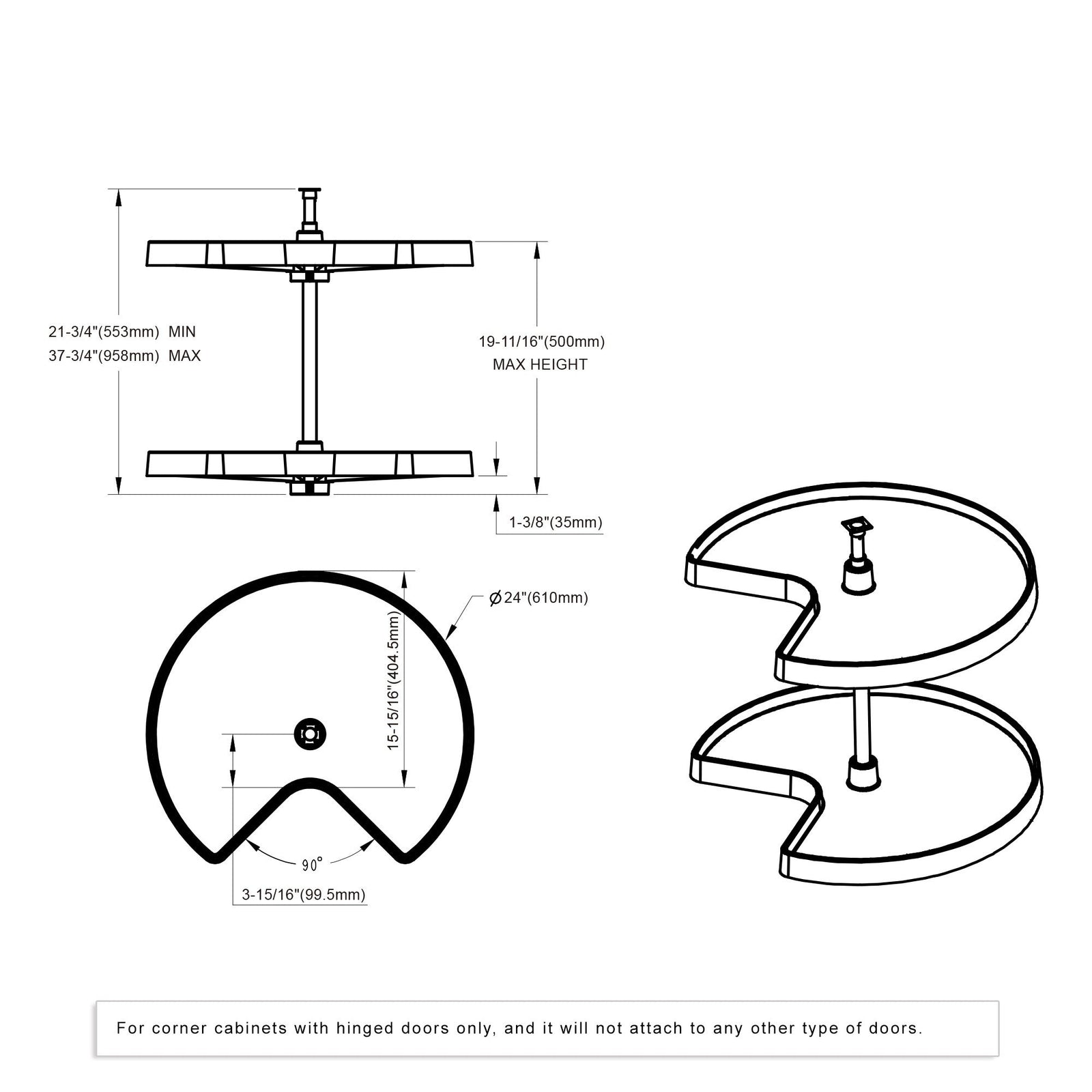 Dowell 2-Tier Lazy Susan - Kidney Shape for Corner Base Cabinets, Plastic Shelves, Swivel, White - 4011 270 Series