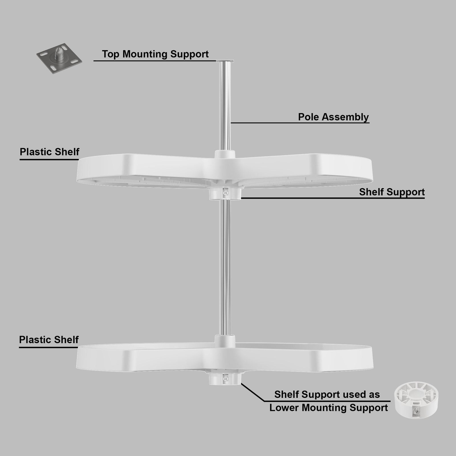 Dowell 2-Tier Lazy Susan - Kidney Shape for Corner Base Cabinets, Plastic Shelves, Swivel, White - 4011 270 Series