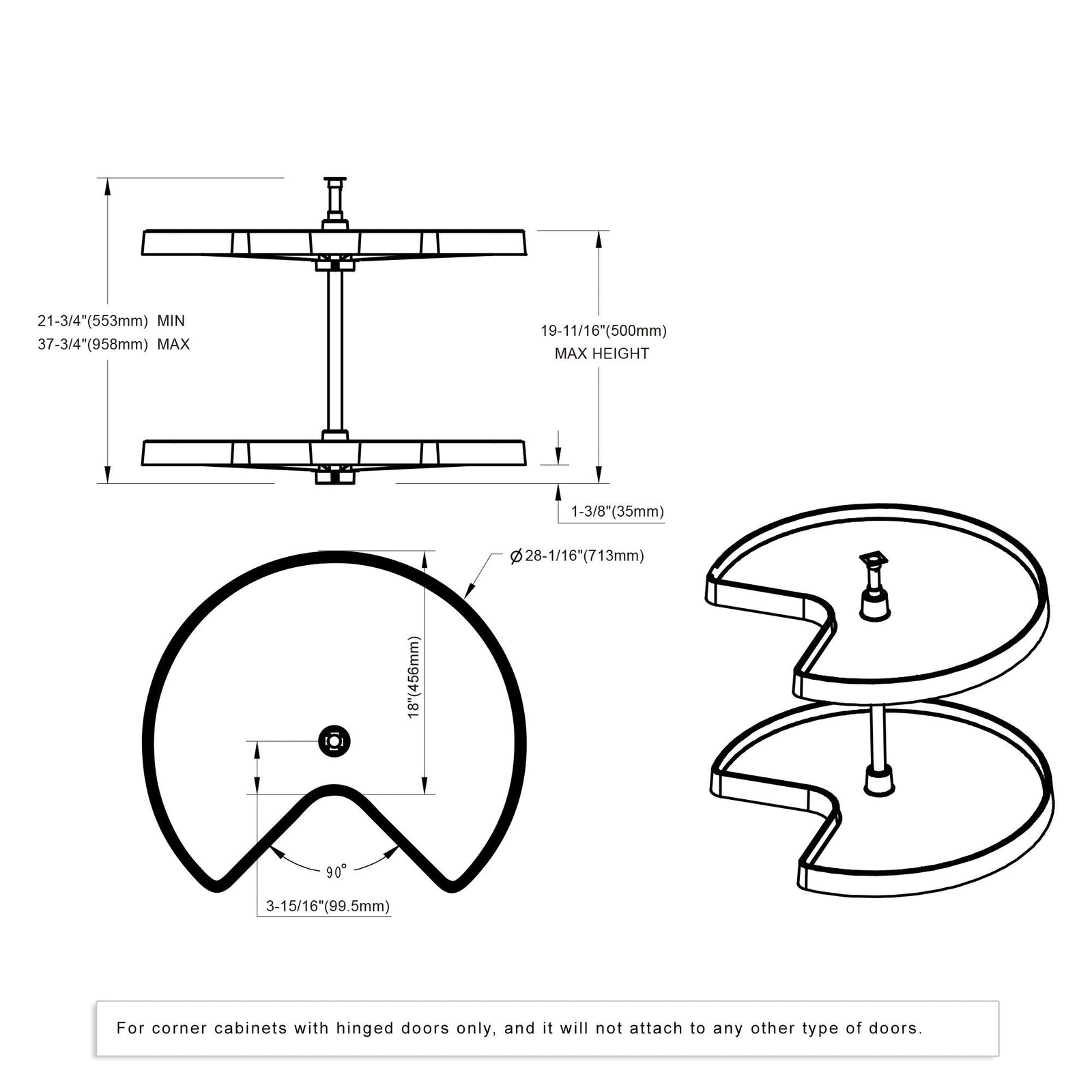 Dowell 2-Tier Lazy Susan - Kidney Shape for Corner Base Cabinets, Plastic Shelves, Swivel, White - 4011 270 Series