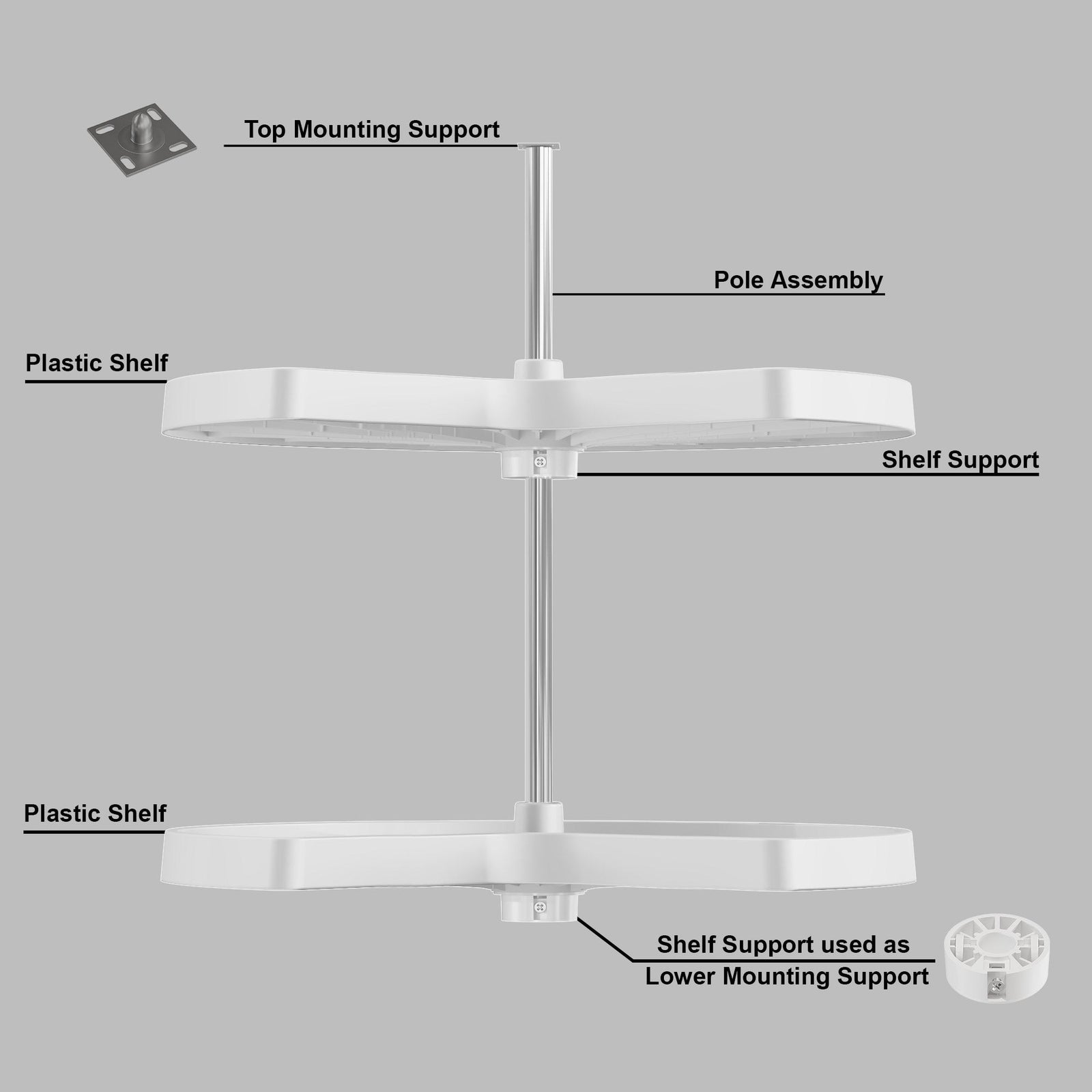 Dowell 2-Tier Lazy Susan - Kidney Shape for Corner Base Cabinets, Plastic Shelves, Swivel, White - 4011 270 Series