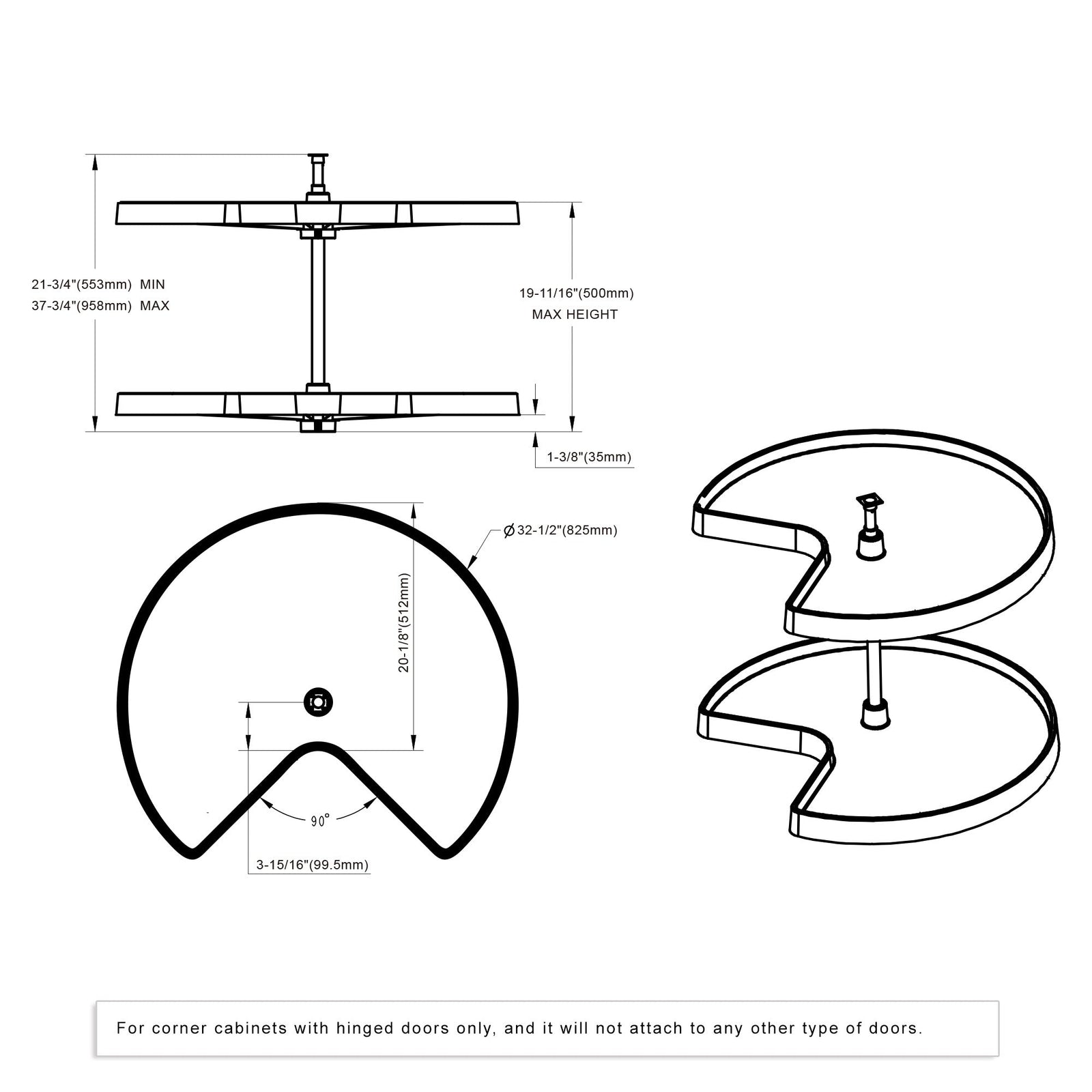 Dowell 2-Tier Lazy Susan - Kidney Shape for Corner Base Cabinets, Plastic Shelves, Swivel, White - 4011 270 Series