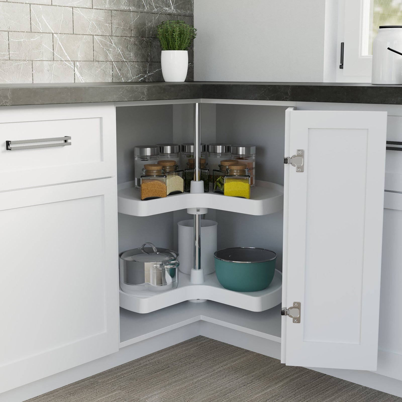 Dowell 2-Tier Lazy Susan - Kidney Shape for Corner Base Cabinets, Plastic Shelves, Swivel, White - 4011 270 Series