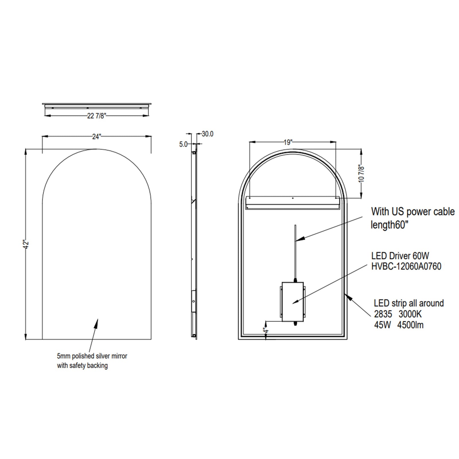 Dowell Arch Backlit Mirror, Touch Switch LED light,Wall-Mounted Vanity Mirror, Modern Sleek Frameless Design, Energy-Efficient LED Lighting - 5002 Series