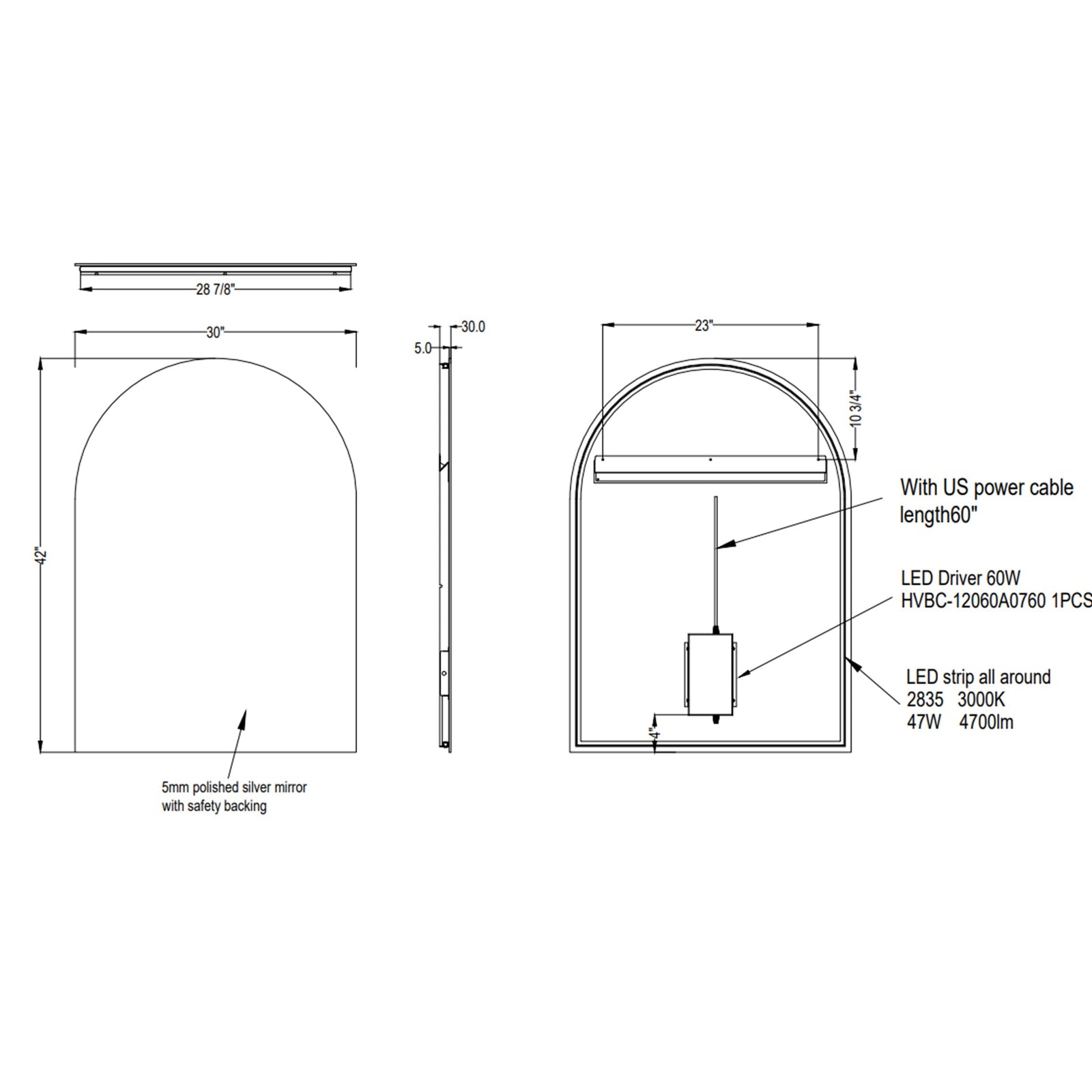 Dowell Arch Backlit Mirror, Touch Switch LED light,Wall-Mounted Vanity Mirror, Modern Sleek Frameless Design, Energy-Efficient LED Lighting - 5002 Series