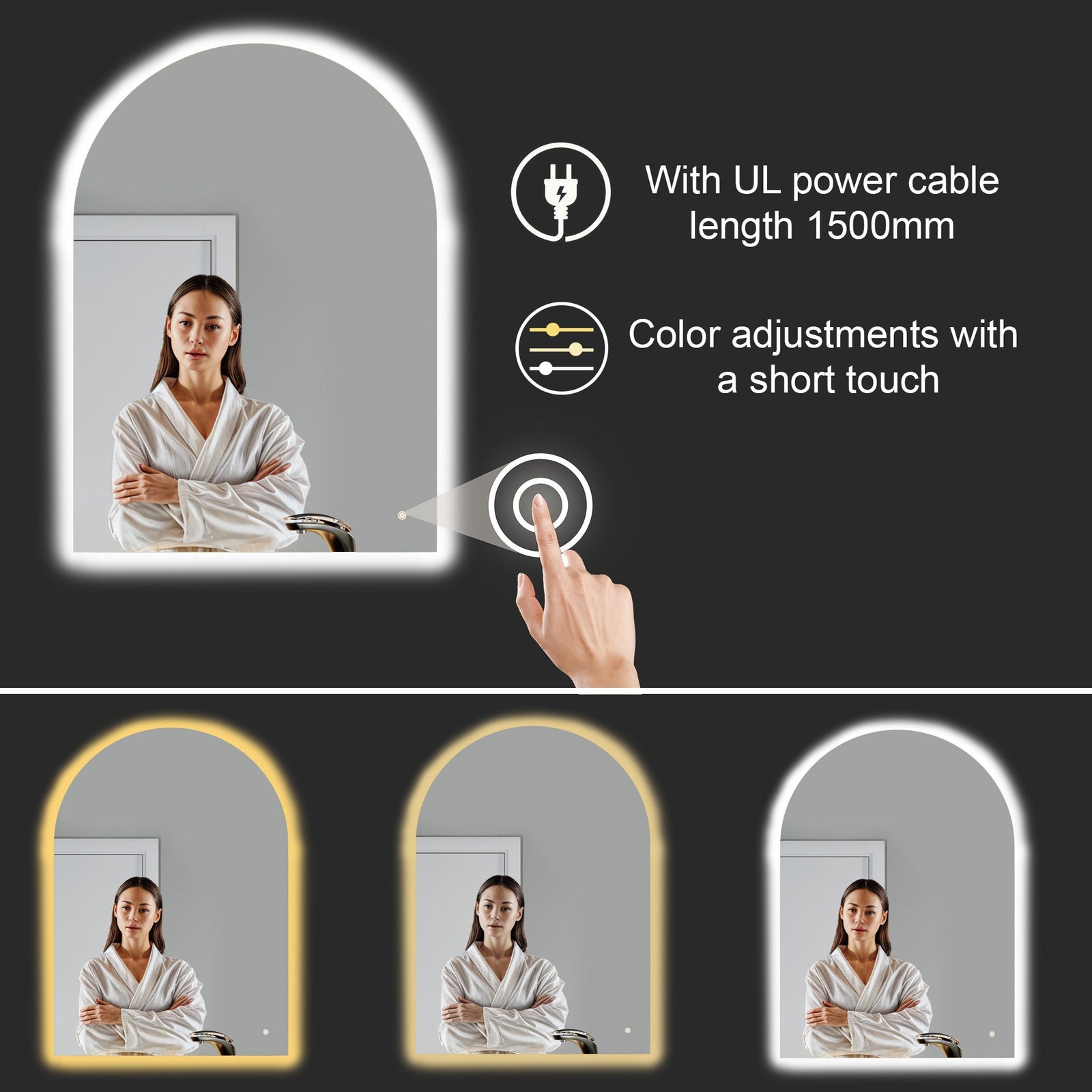 Dowell Arch Backlit Mirror, Touch Switch LED light,Wall-Mounted Vanity Mirror, Modern Sleek Frameless Design, Energy-Efficient LED Lighting - 5002 Series