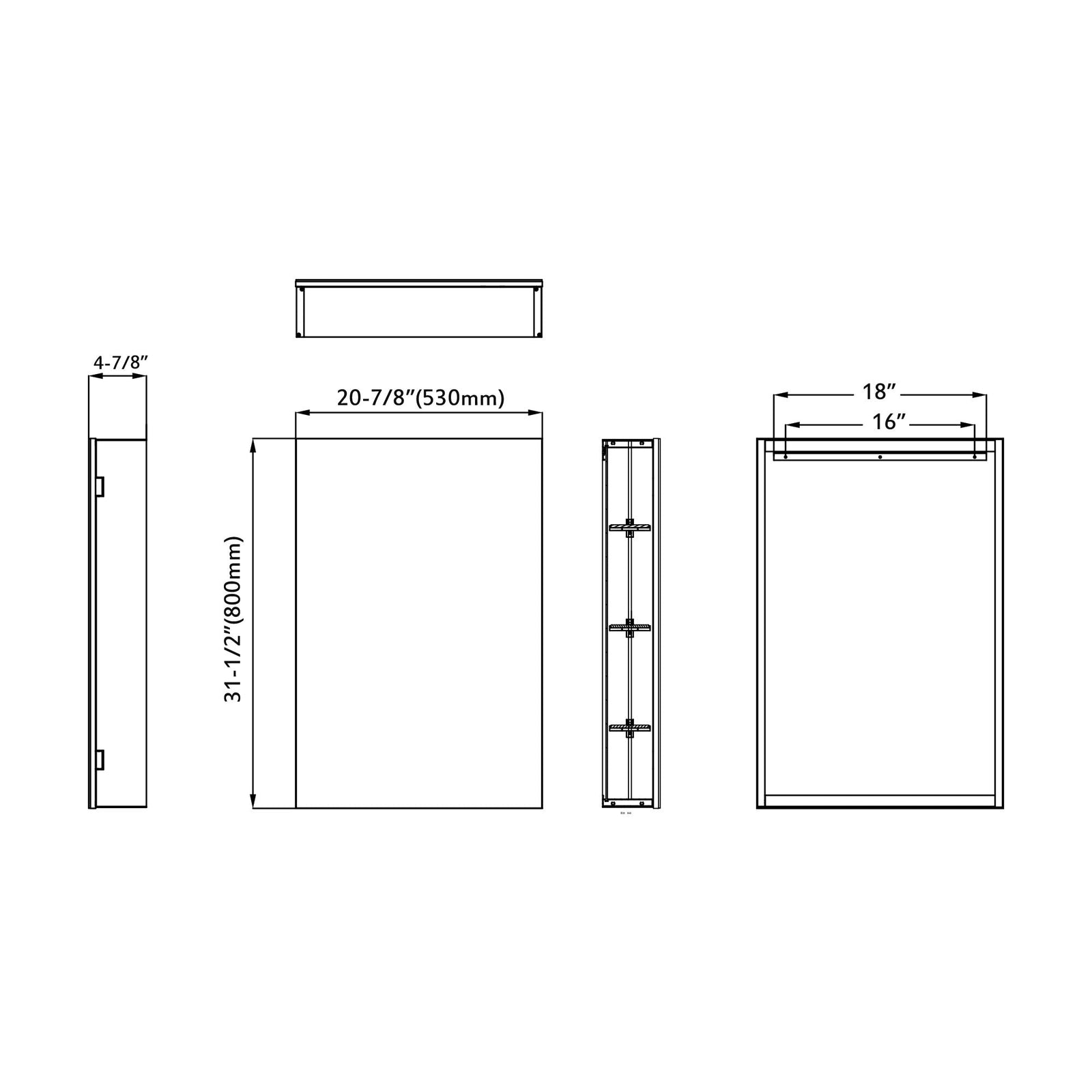 Dowell Wall-Mounted Bathroom Mirror Medicine Cabinet - Three Adjustable Glass Shelves, Aluminum - 5007 Series