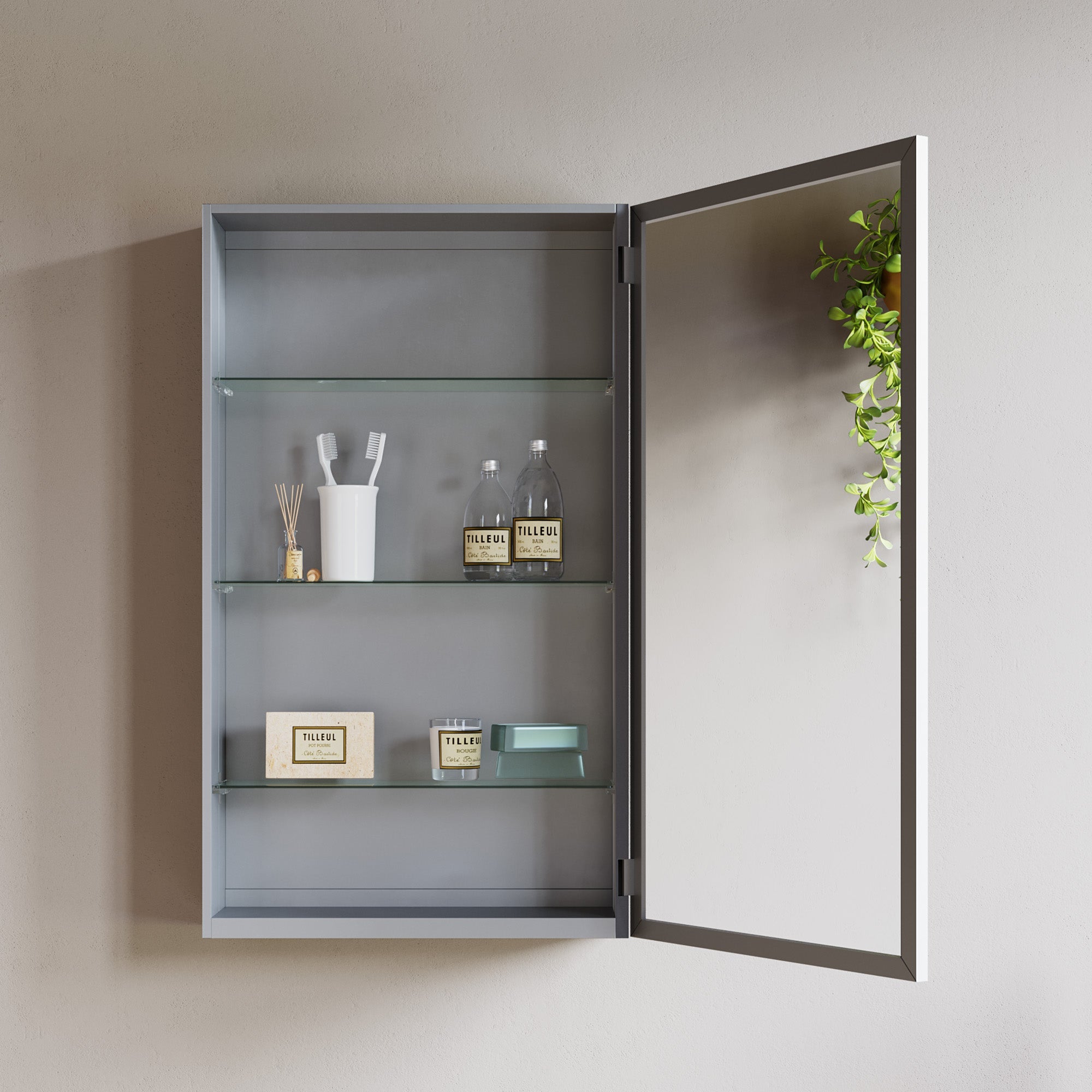 Dowell Wall-Mounted Bathroom Mirror Medicine Cabinet - Three Adjustable Glass Shelves, Aluminum - 5007 Series