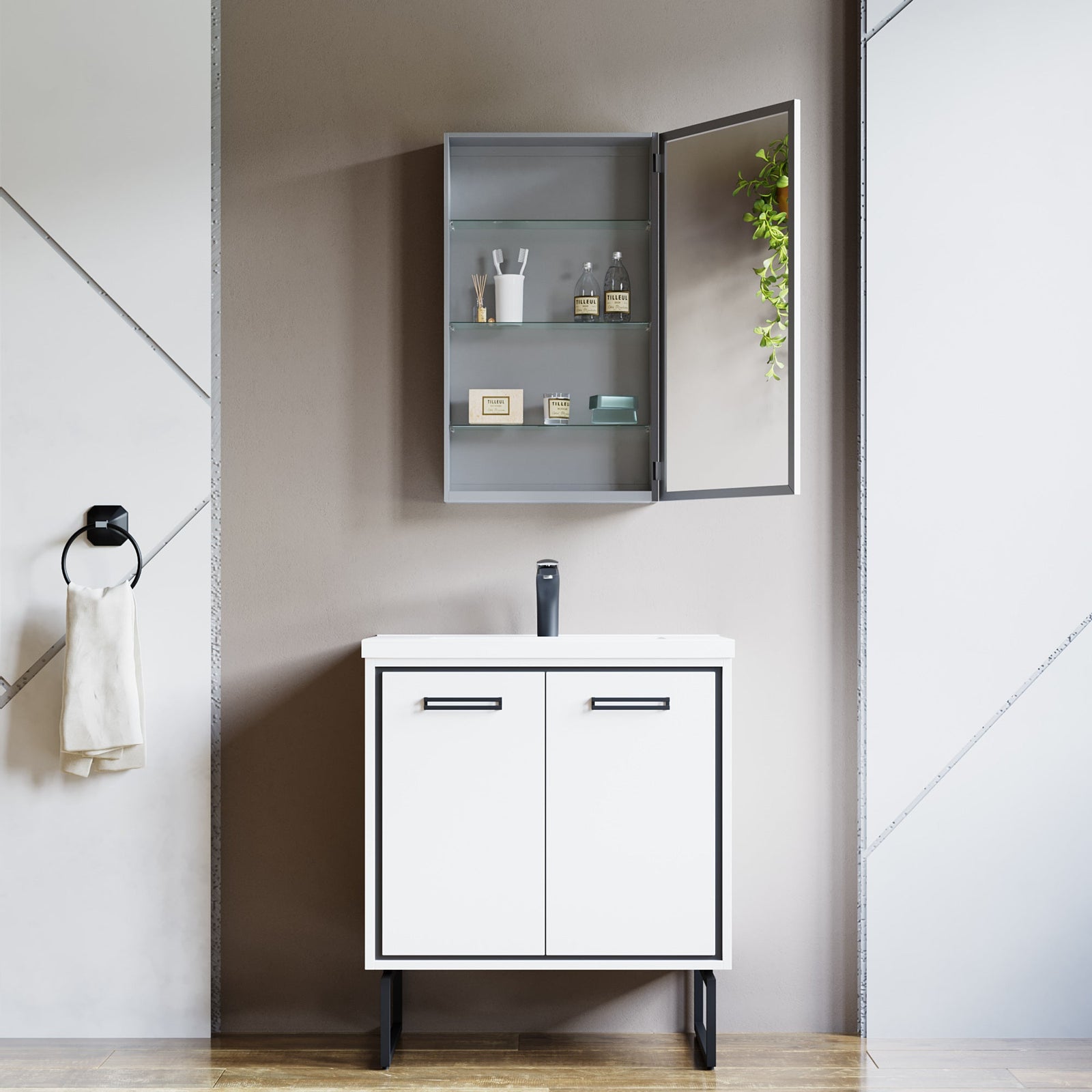 Dowell Wall-Mounted Bathroom Mirror Medicine Cabinet - Three Adjustable Glass Shelves, Aluminum - 5007 Series