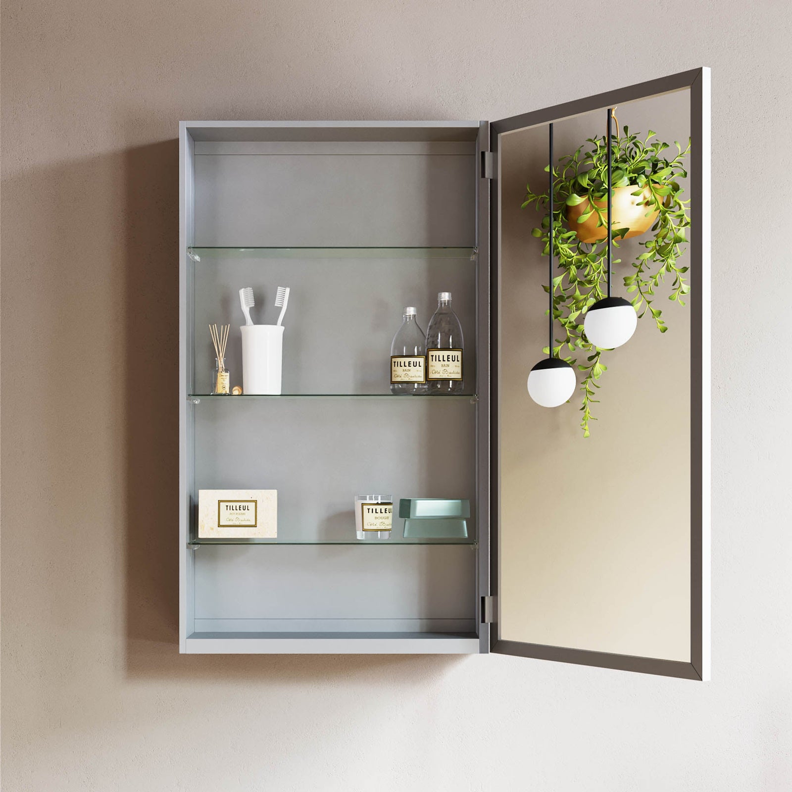 Dowell Wall-Mounted Bathroom Mirror Medicine Cabinet - Three Adjustable Glass Shelves, Aluminum - 5007 Series