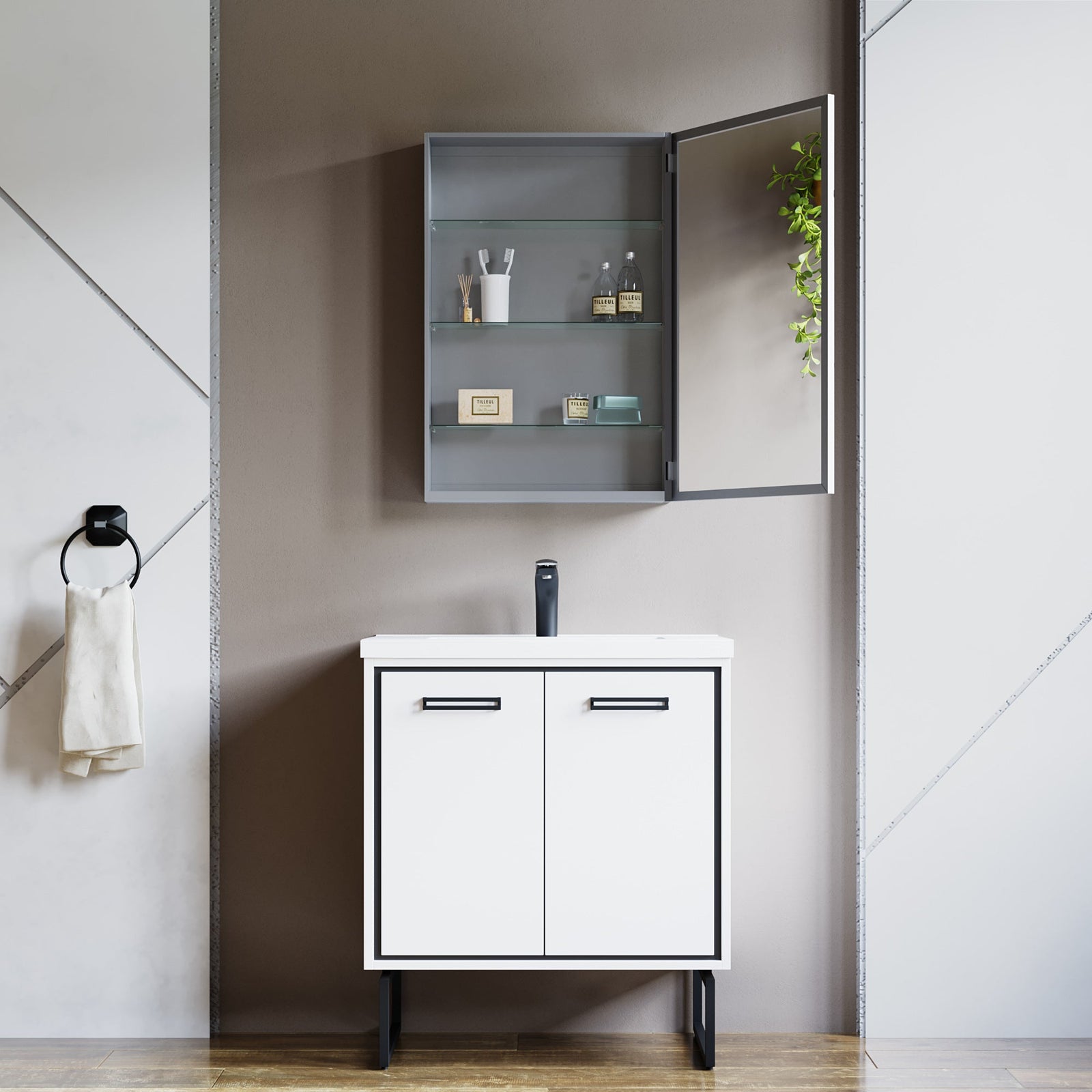 Dowell Wall-Mounted Bathroom Mirror Medicine Cabinet - Three Adjustable Glass Shelves, Aluminum - 5007 Series