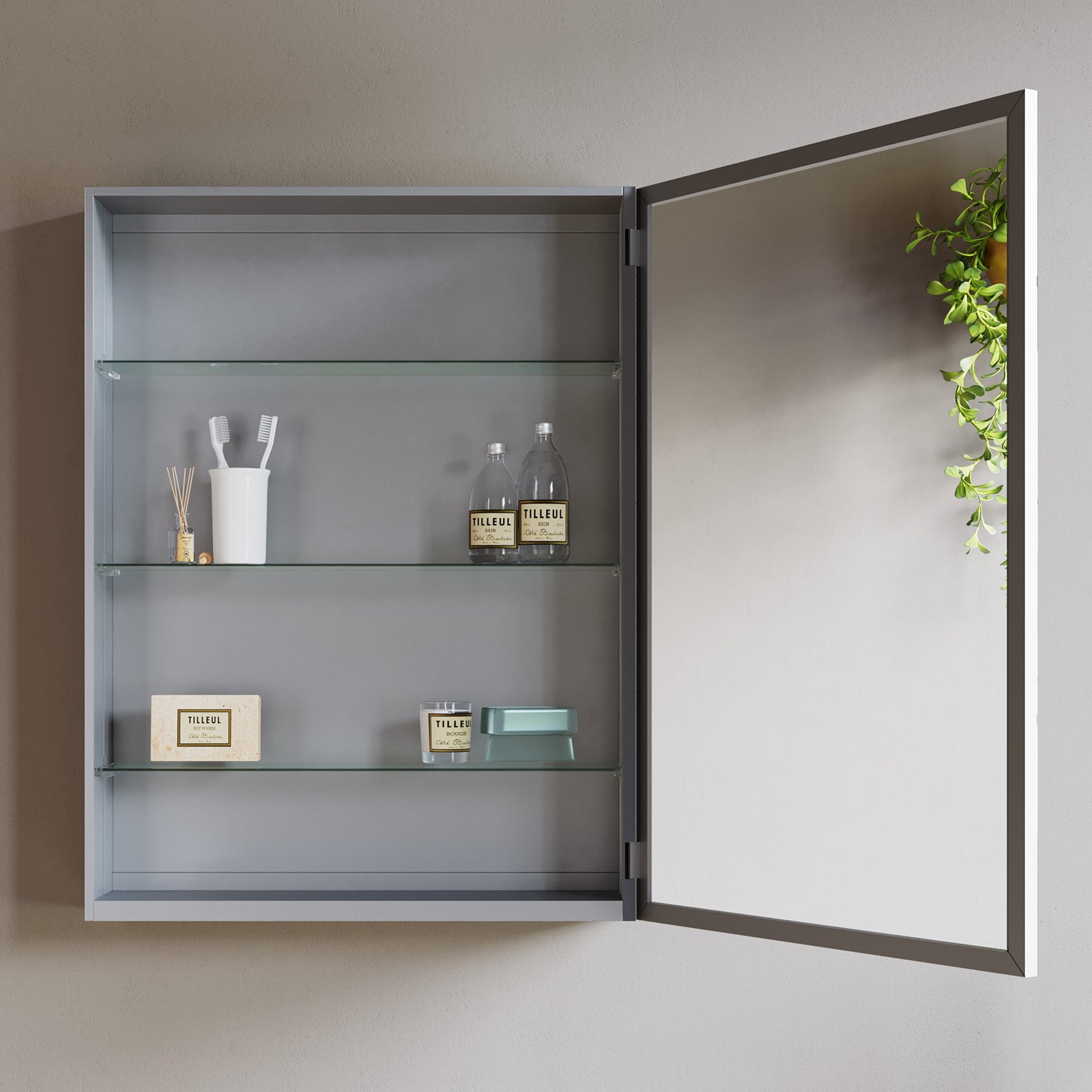 Dowell Wall-Mounted Bathroom Mirror Medicine Cabinet - Three Adjustable Glass Shelves, Aluminum - 5007 Series
