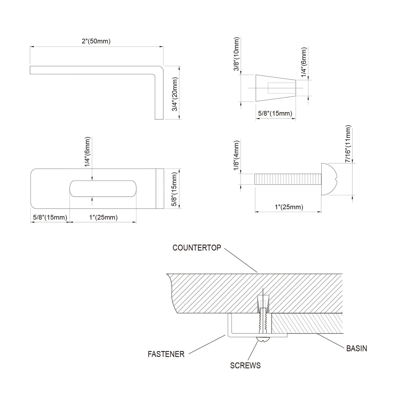 Dowell Undermount Bathroom Sink Clips - 4 Clips/Screws/Anchors - 6011 10 Series