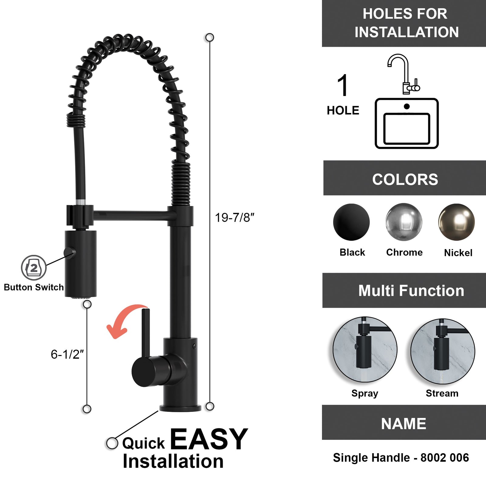 Dowell Kitchen Sink Faucet - 8002 006 Series - High Arc, Pull-Down Sprayer,  Single Handle, Single Hole