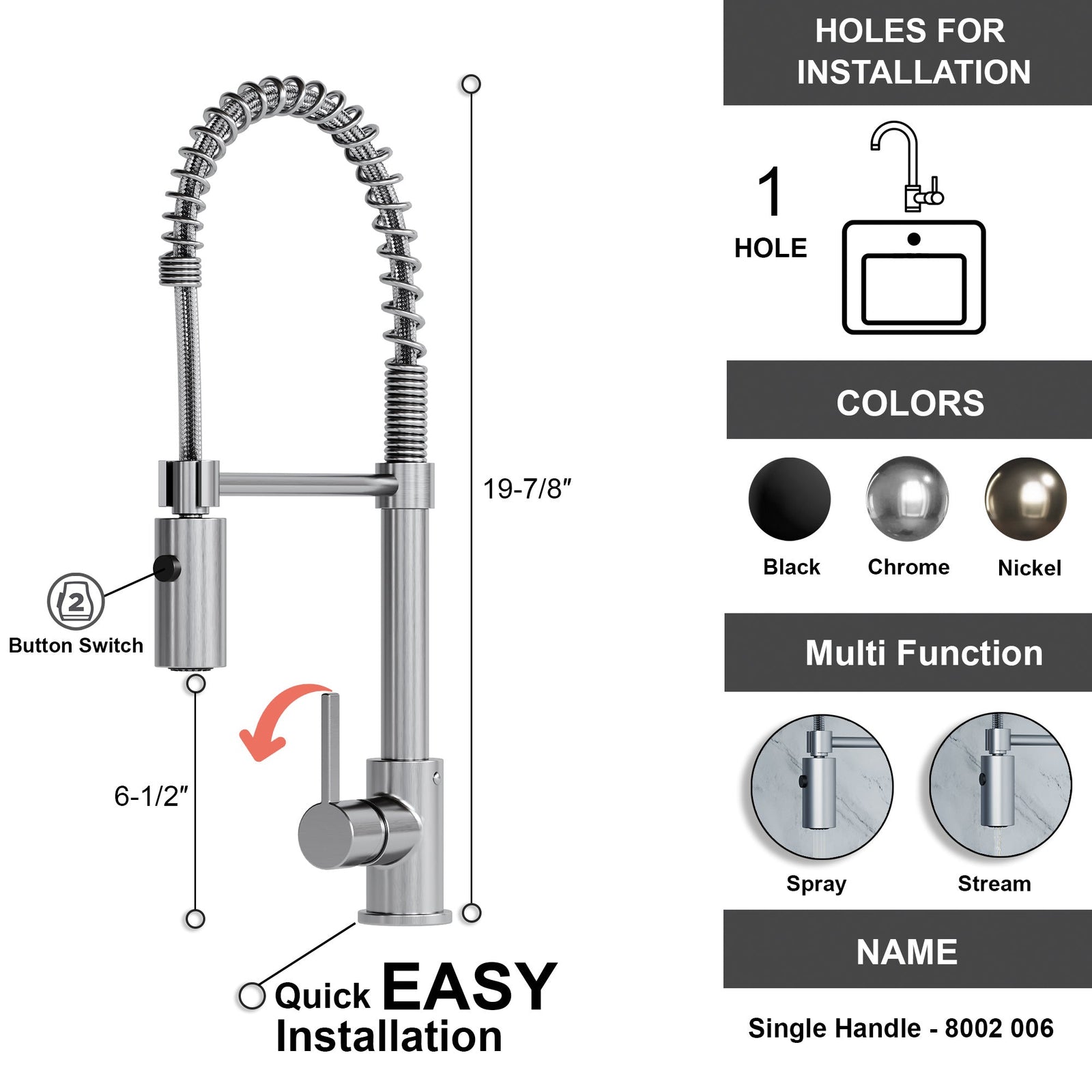 Dowell Kitchen Sink Faucet - 8002 006 Series - High Arc, Pull-Down Sprayer,  Single Handle, Single Hole