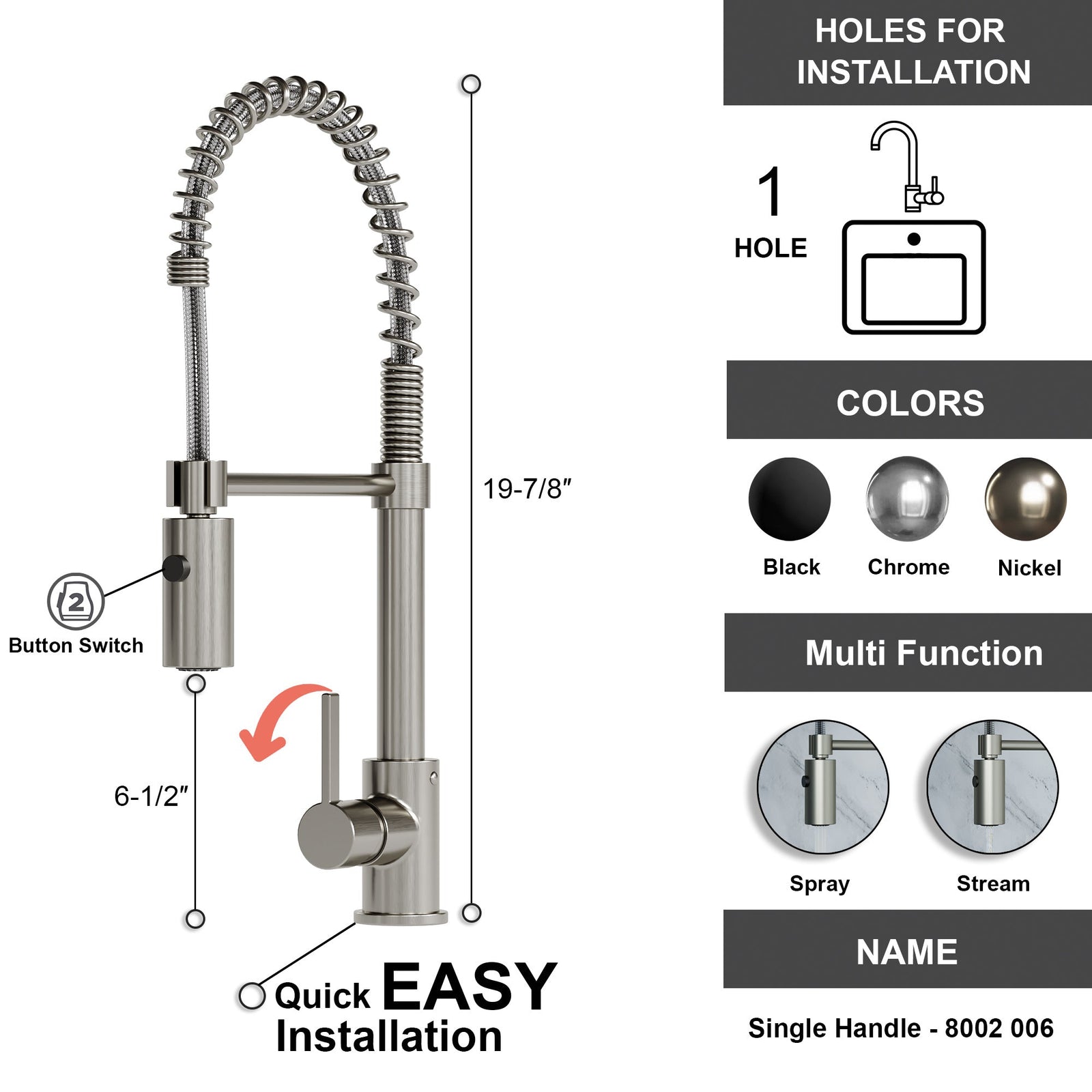 Dowell Kitchen Sink Faucet - 8002 006 Series - High Arc, Pull-Down Sprayer,  Single Handle, Single Hole