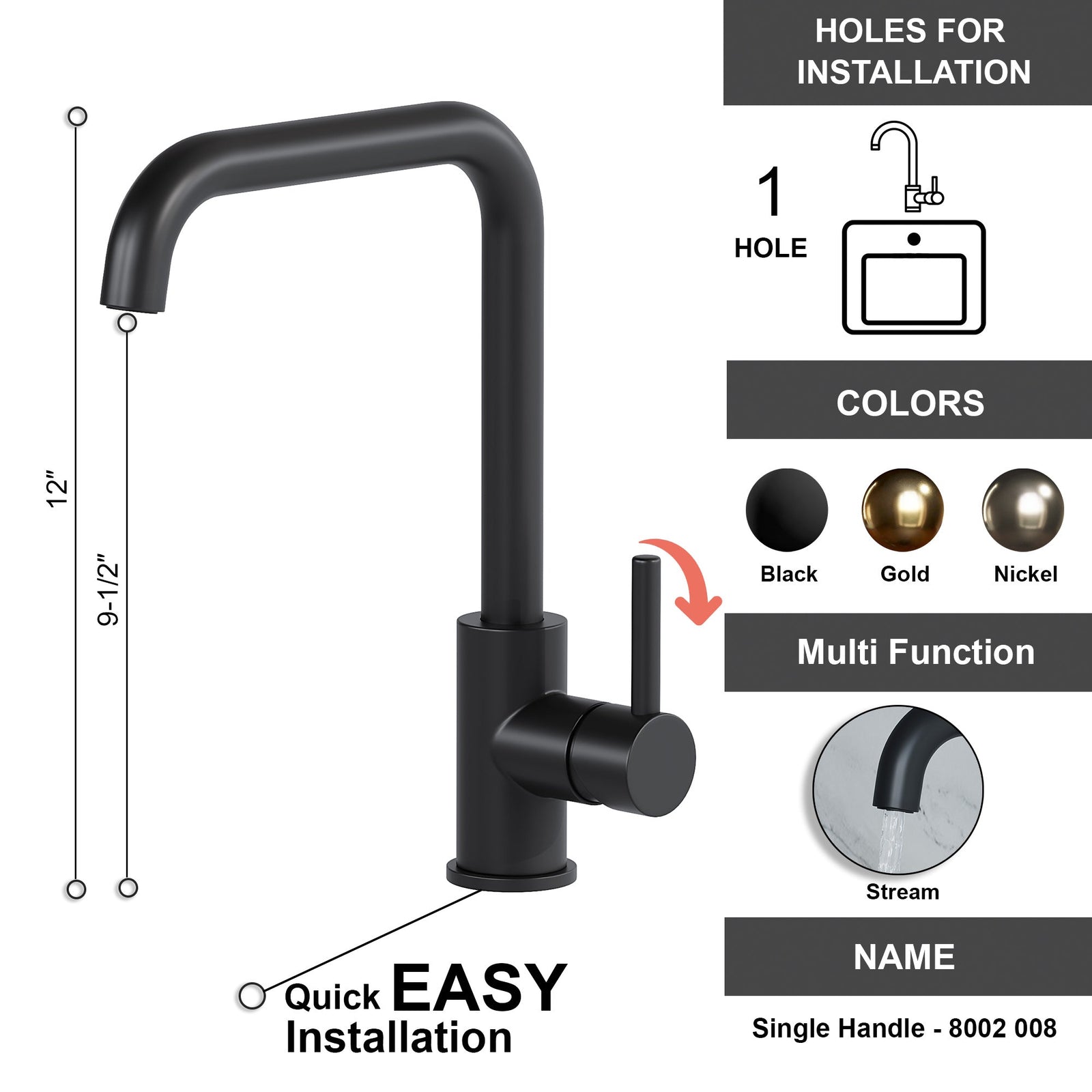 Dowell Kitchen Sink Faucet - One Handle, Single Hole, High Arc - 8002 008 Series