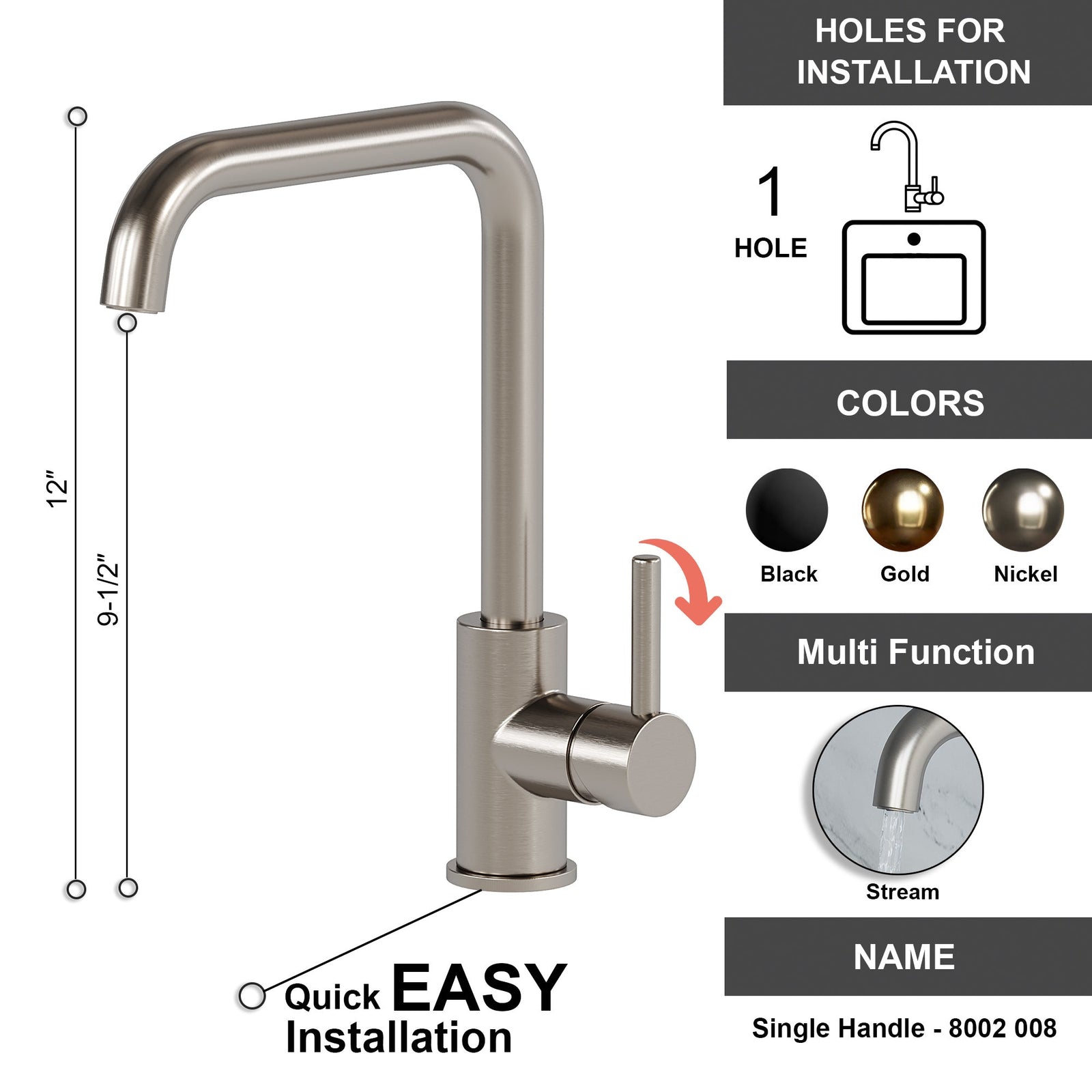 Dowell Kitchen Sink Faucet - One Handle, Single Hole, High Arc - 8002 008 Series