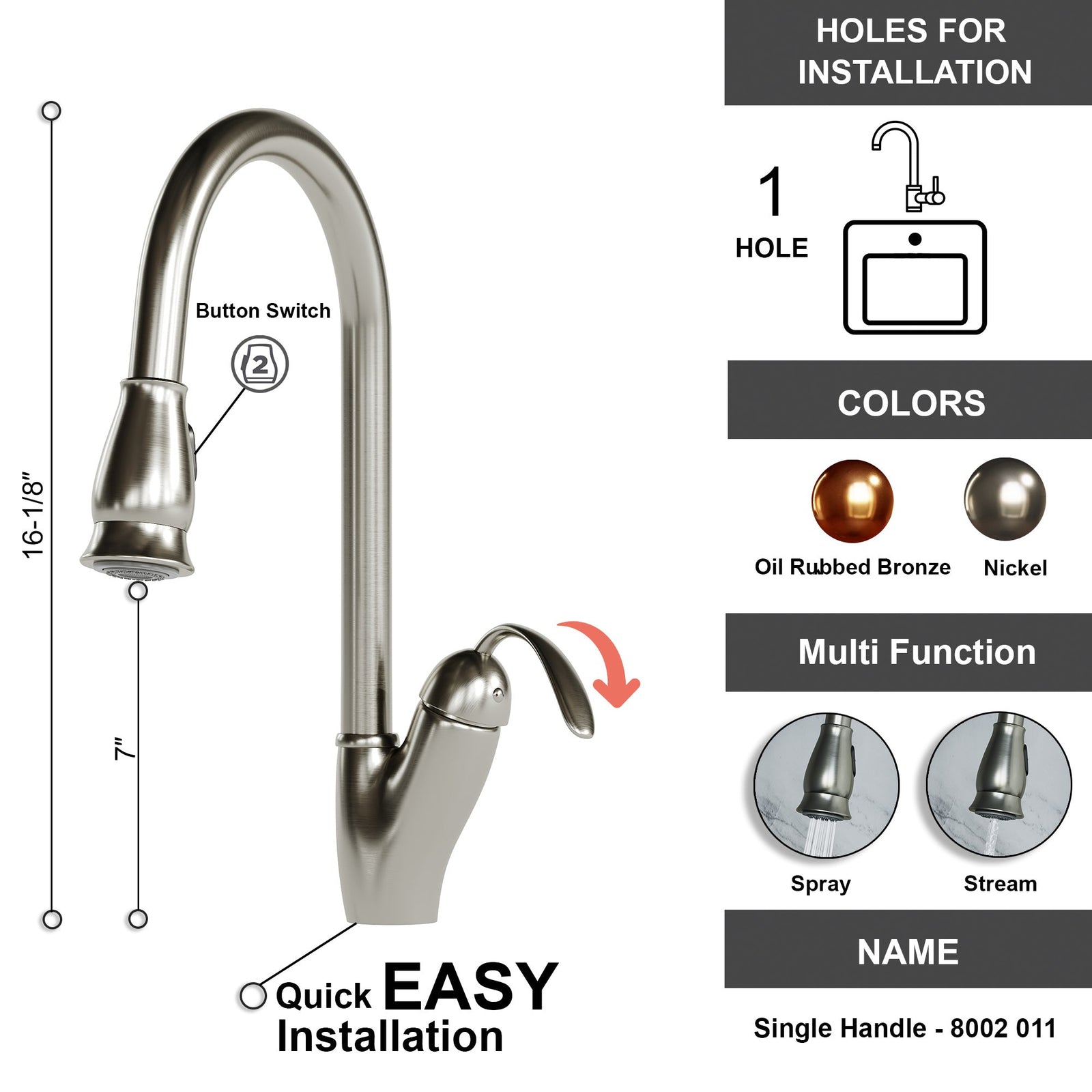 Dowell Kitchen Sink Faucet - 8002 011  Series - High Arc, Pull-Down Sprayer, Single Handle, Single Hole