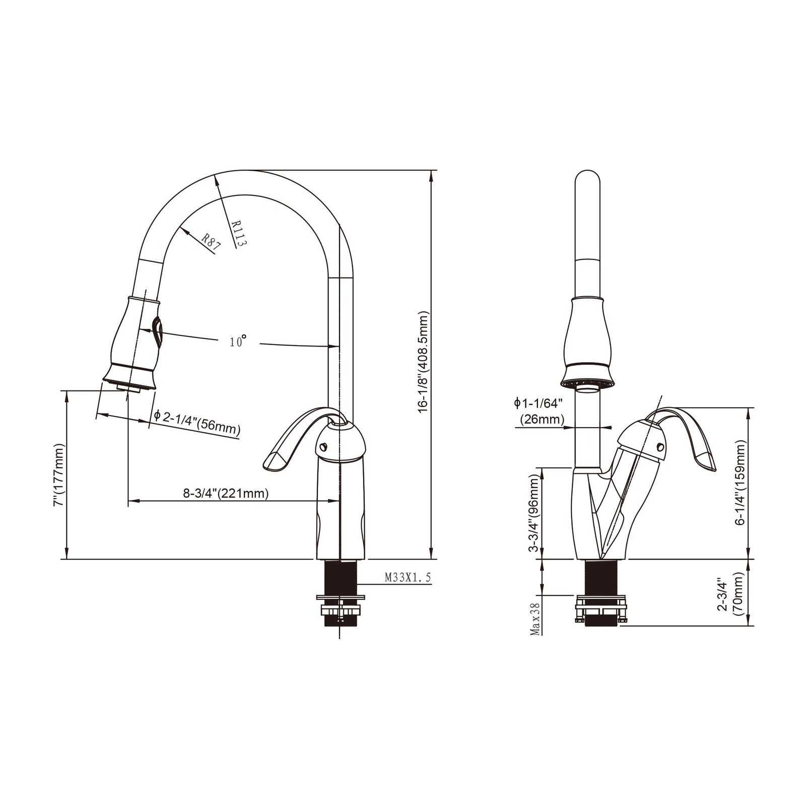Dowell Kitchen Sink Faucet - 8002 011  Series - High Arc, Pull-Down Sprayer, Single Handle, Single Hole