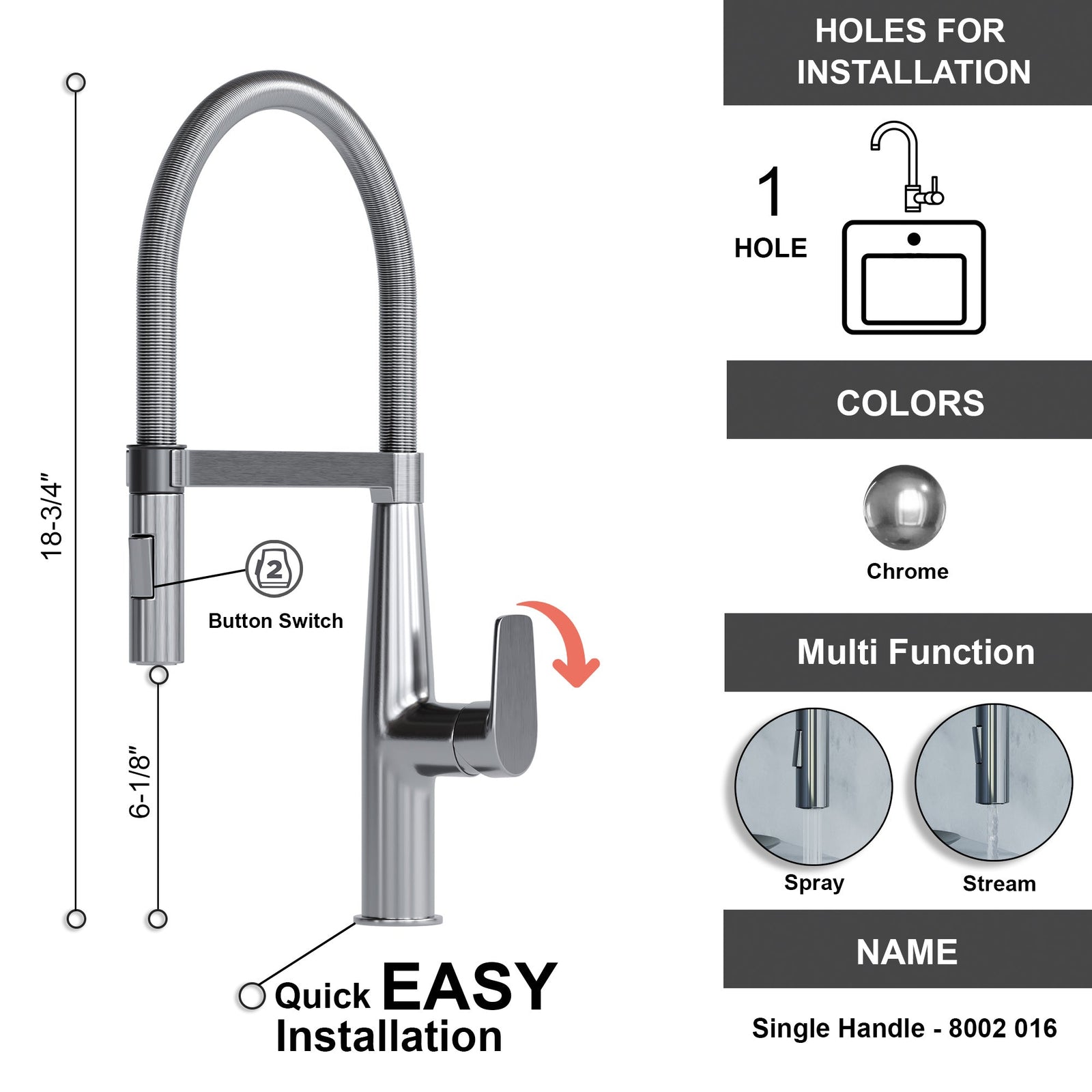 Dowell Kitchen Sink Faucet - 8002 016 Series - High Arc, Pull-Down Sprayer, Single Handle, Single Hole
