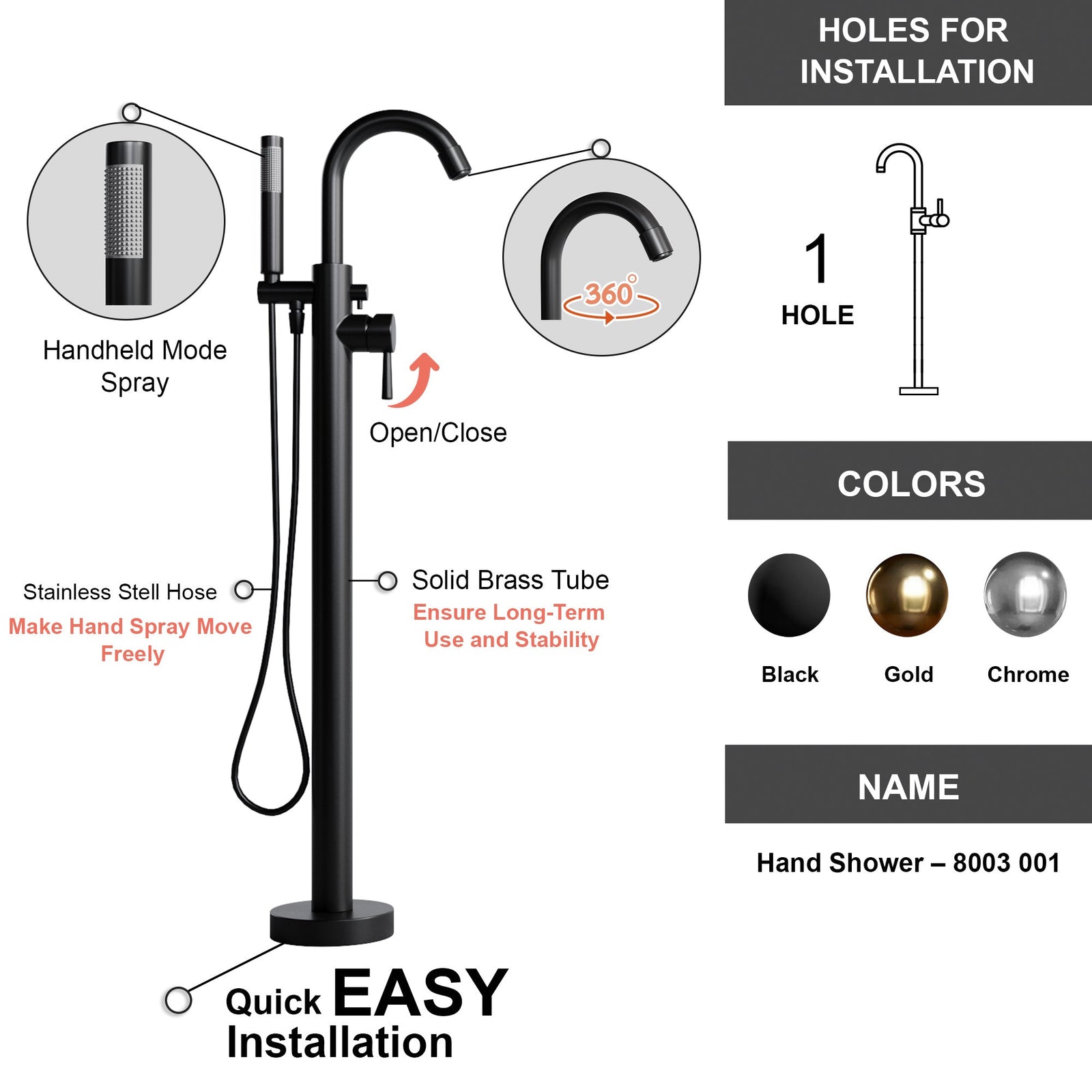 Dowell Freestanding Bathtub Faucet - 8003 001 Series, Floor Mounted Brass Bathroom Tub Faucets with Hand Shower