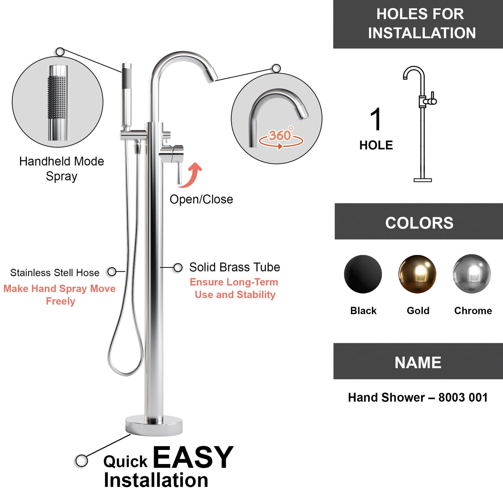Dowell Freestanding Bathtub Faucet - 8003 001 Series, Floor Mounted Brass Bathroom Tub Faucets with Hand Shower