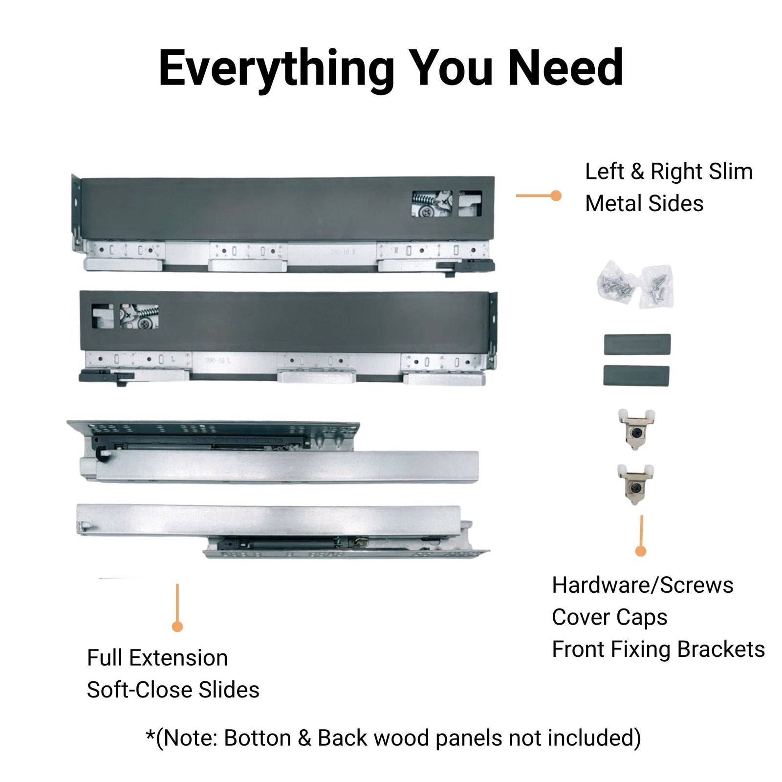 Dowell Slim Metal Drawer Kit, Soft-Close Full Extension Undermount Slides Drawer System, Dark Gray Cabinet Drawer Set for Kitchen & Bathroom