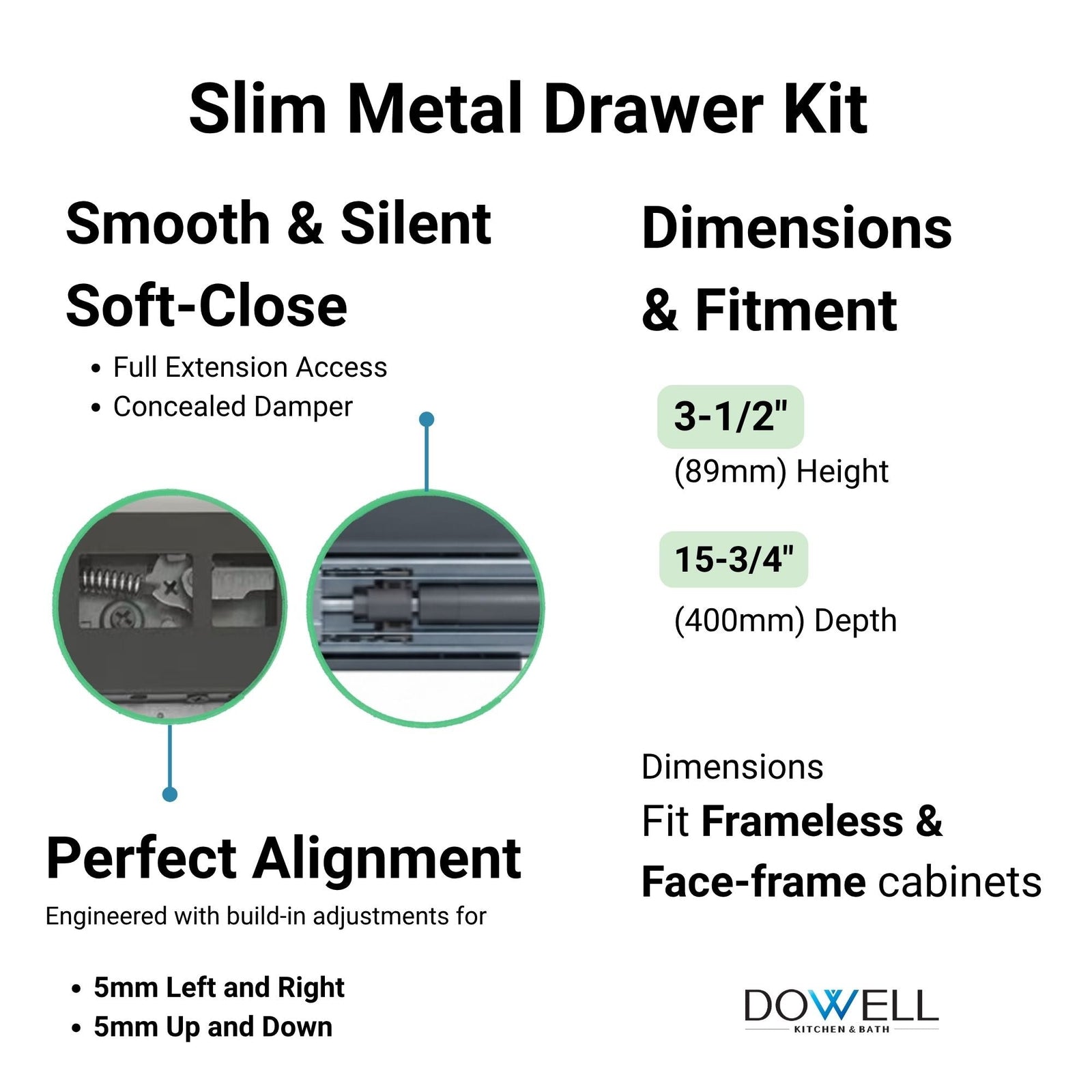 Dowell Slim Metal Drawer Kit, Soft-Close Full Extension Undermount Slides Drawer System, Dark Gray Cabinet Drawer Set for Kitchen & Bathroom