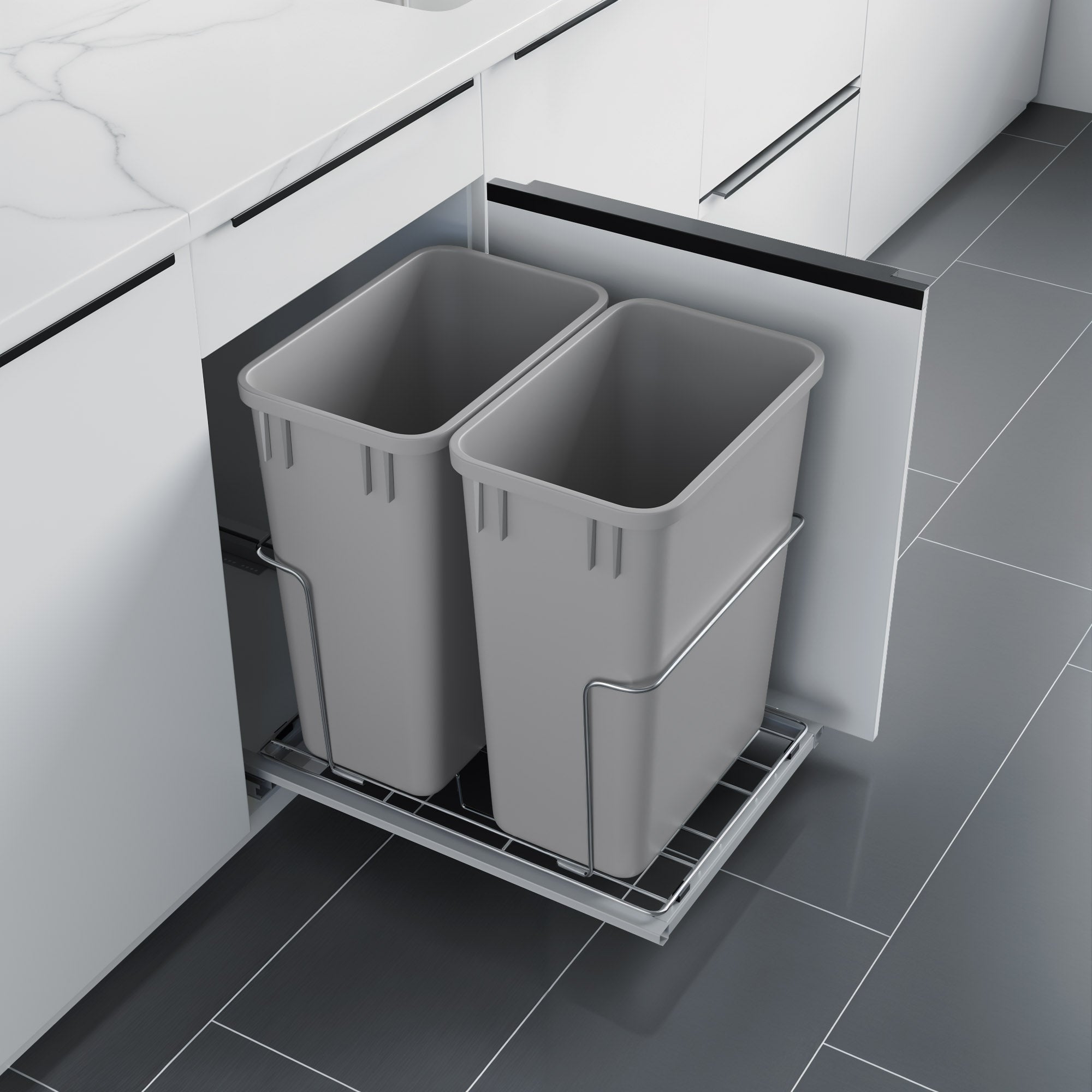 Dowell 18" Double Aluminum Base Wastebasket Pull Out with Full Extension Soft-Close Slides, Bottom Mount