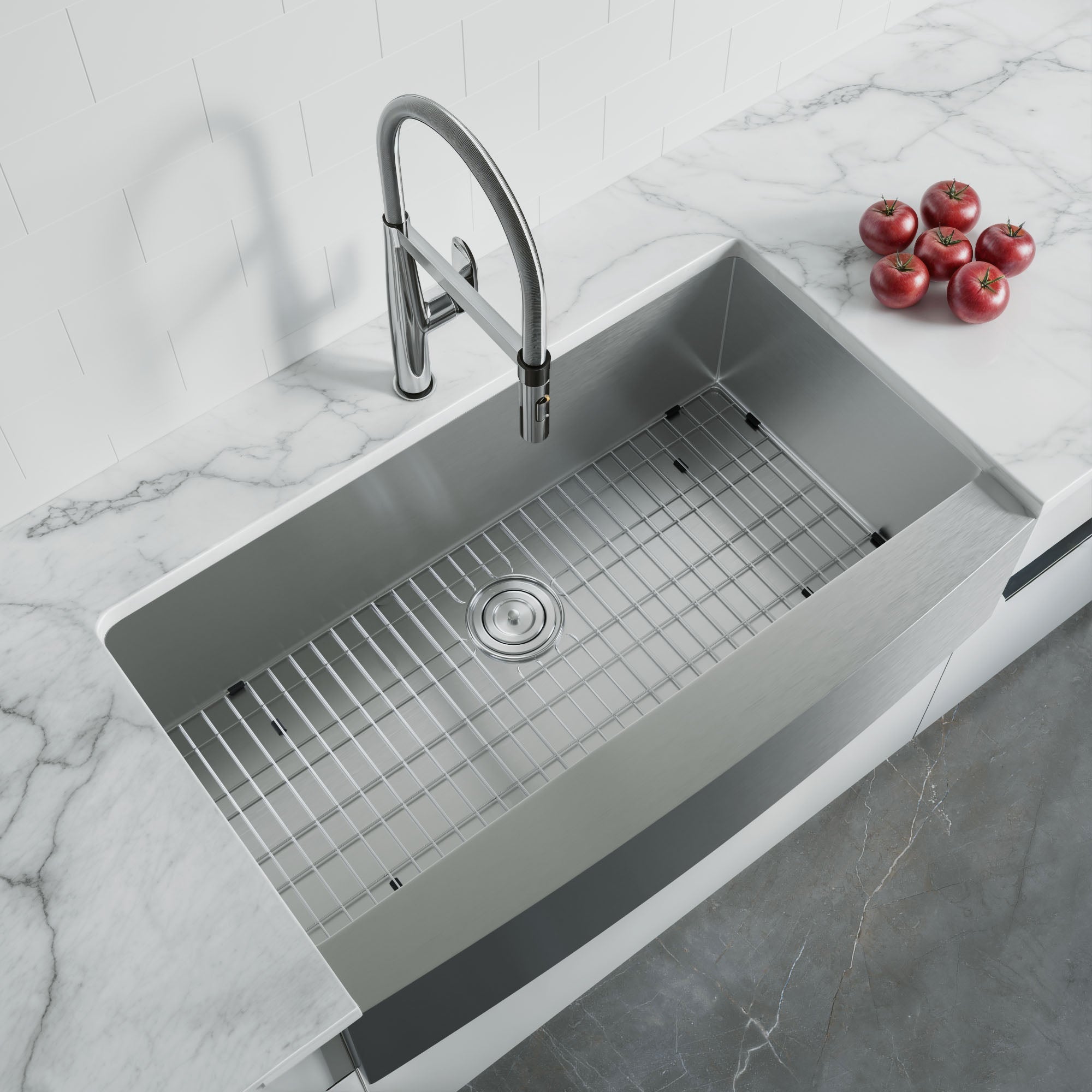 Dowell 35-7/8" L x 20-3/4" W Handcrafted Apron-Front Farmhouse Undermount Kitchen Sink 18 Gauge Stainless Steel 10" Depth Single Bowl With Grid Strainer