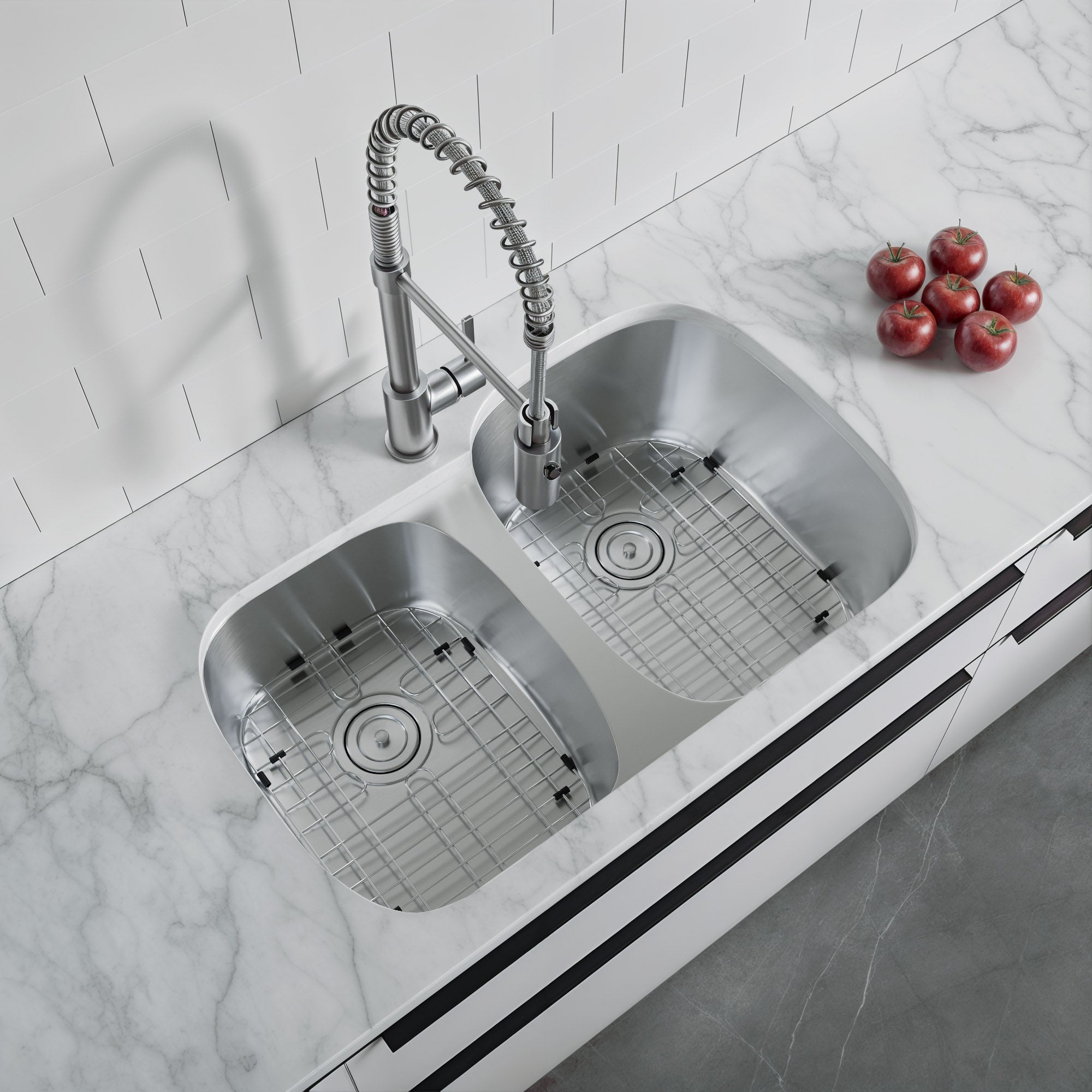 Dowell 32" Kitchen Undermount Double Bowl Sink - One 13-1/2" Bowl, 7" Deep, One 15-3/8" Bowl, 9" Deep, Stainless Steel 18/16 Gauge - 6001 Series