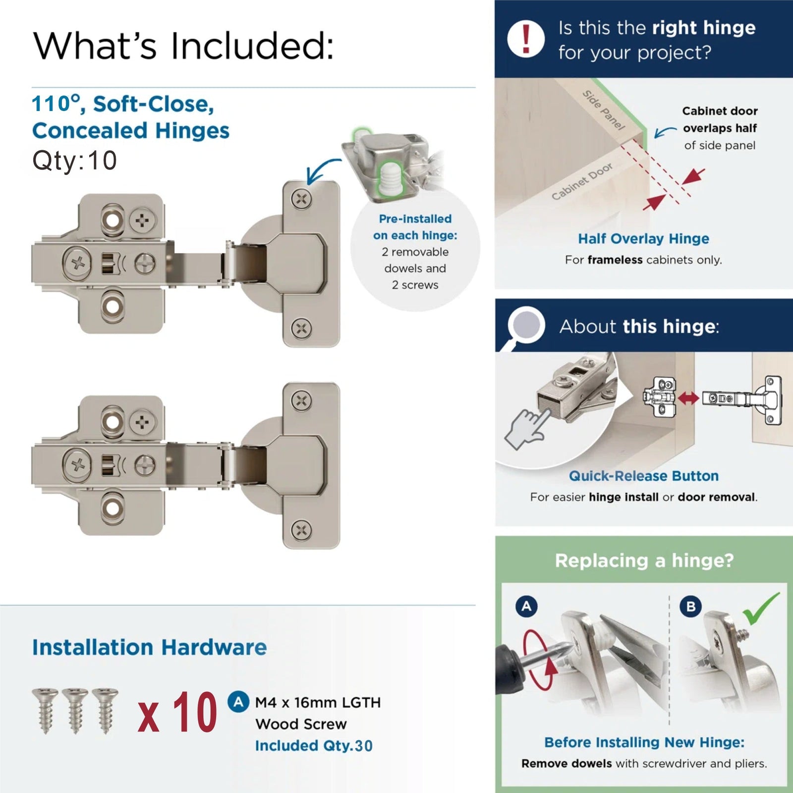 Dowell Soft-Close Adjustable Cabinet Hinge, Nickel Finish